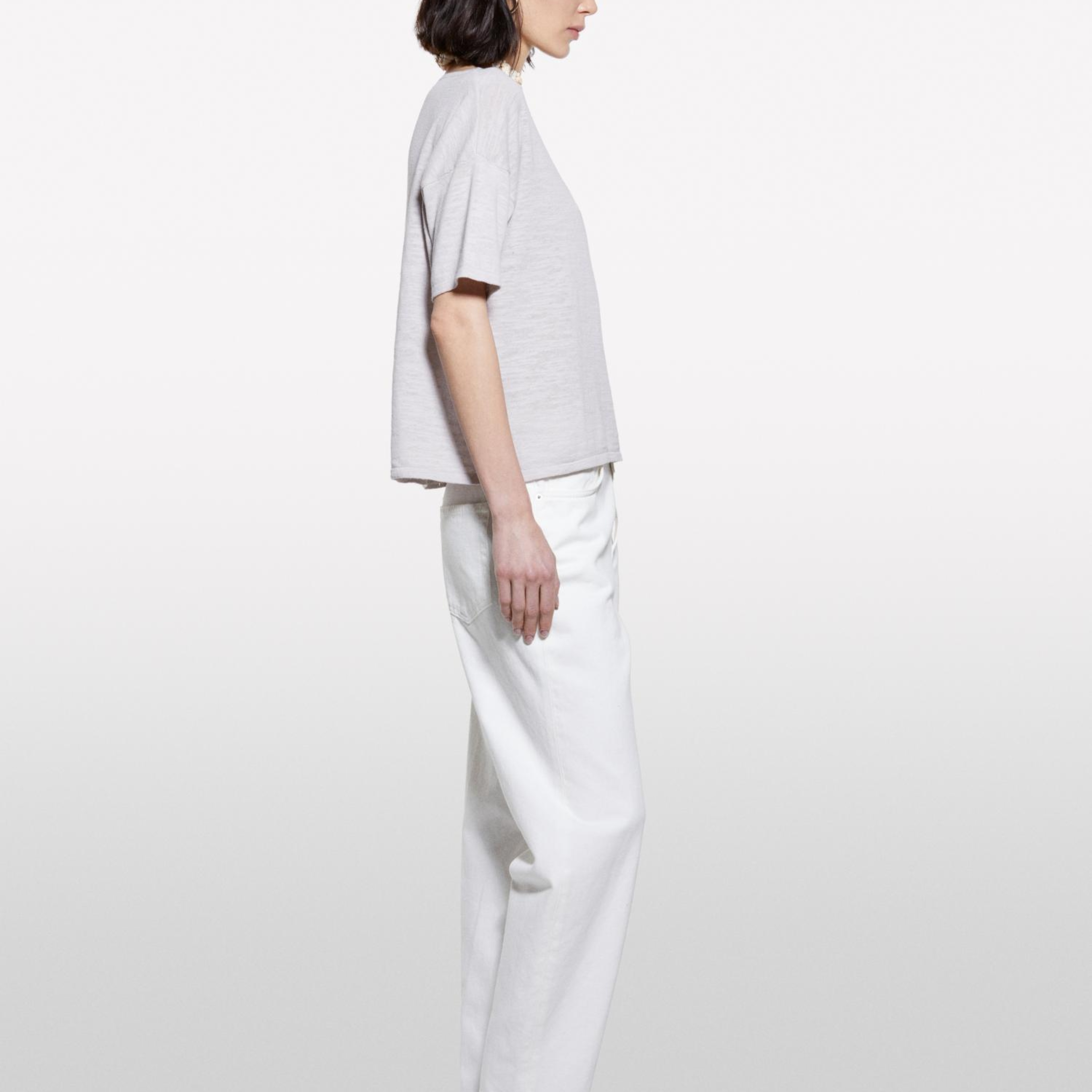 Kadın Gri Keten Karışımlı Bisiklet Yaka Oversize T-Shirt