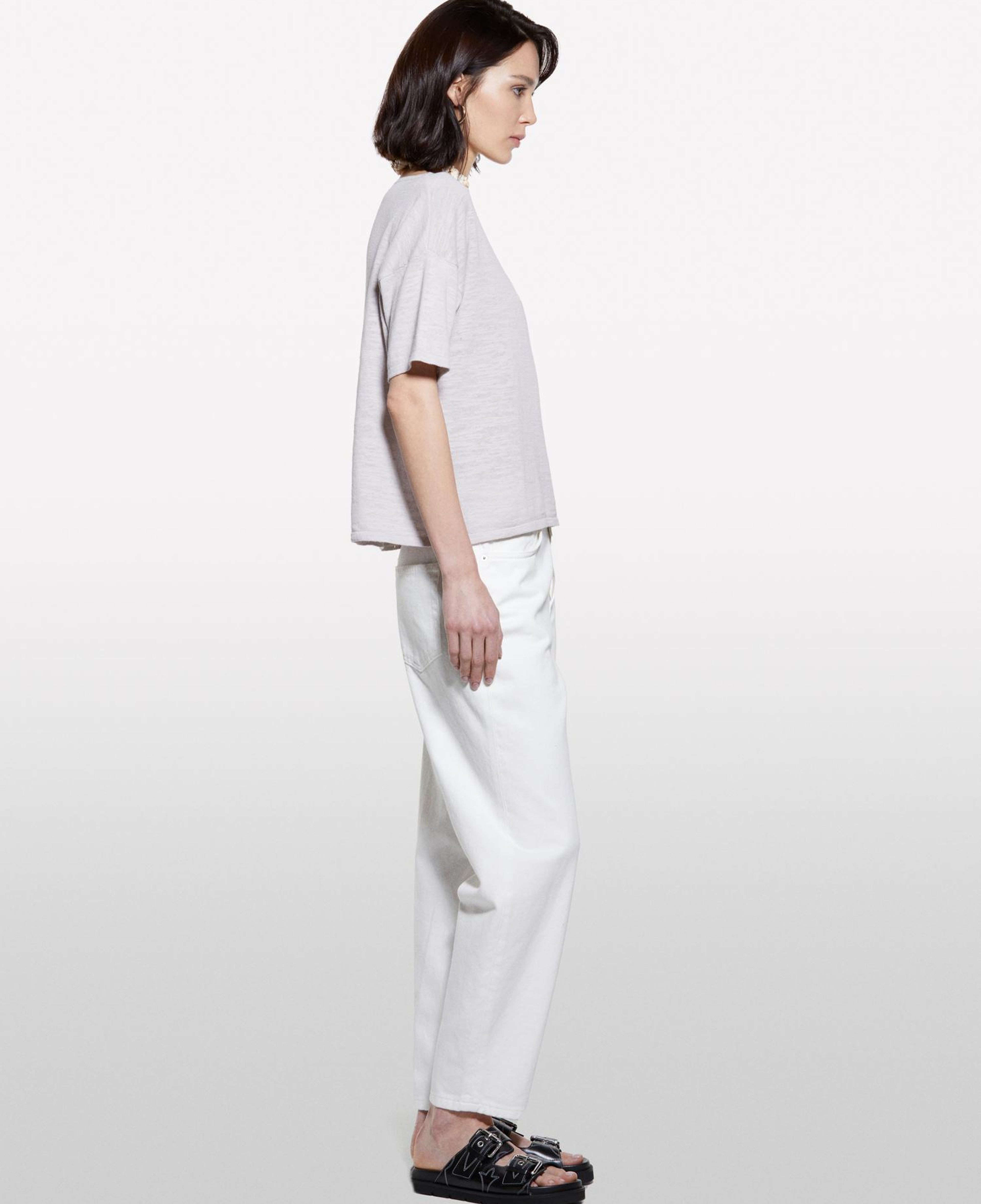 Kadın Gri Keten Karışımlı Bisiklet Yaka Oversize T-Shirt