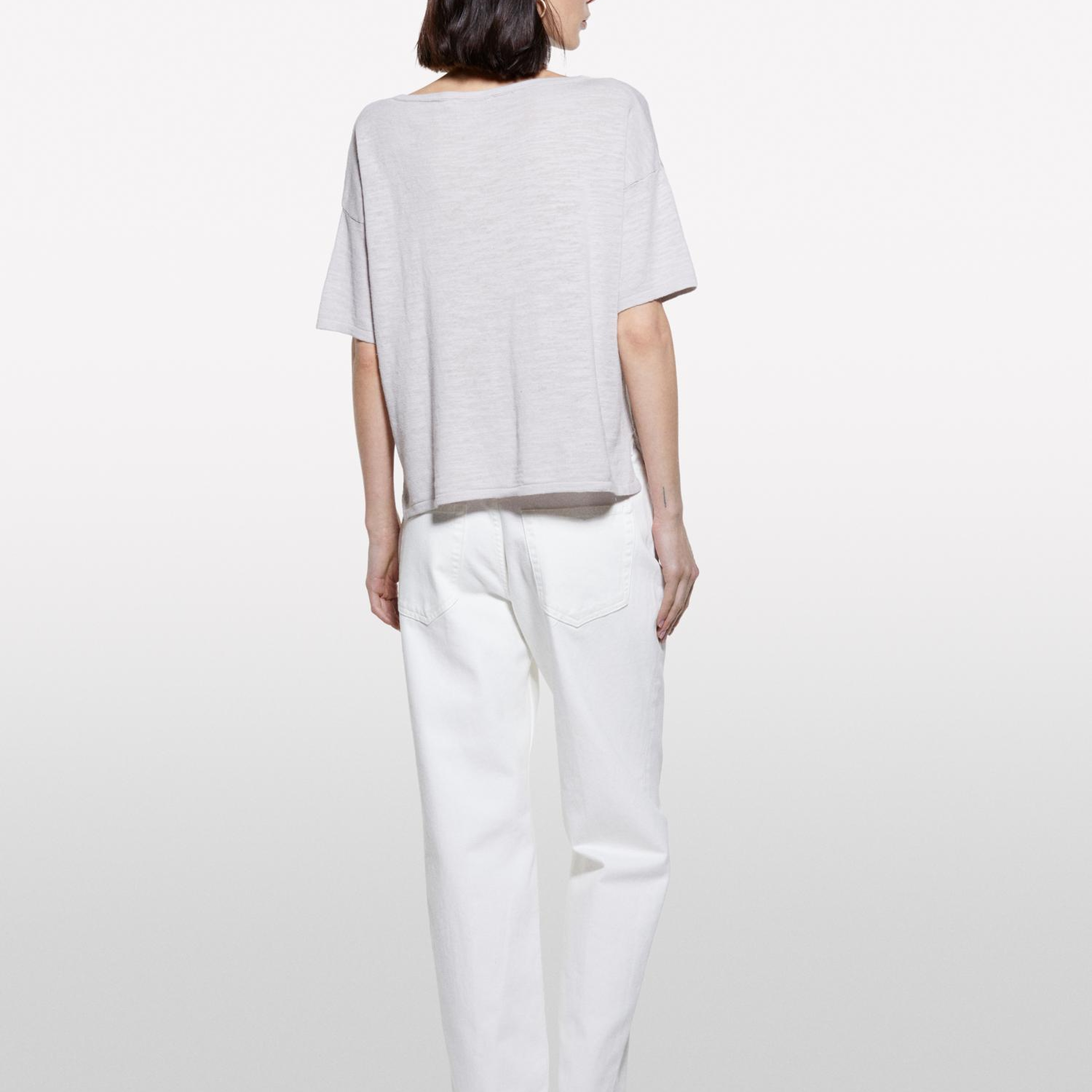 Kadın Gri Keten Karışımlı Bisiklet Yaka Oversize T-Shirt