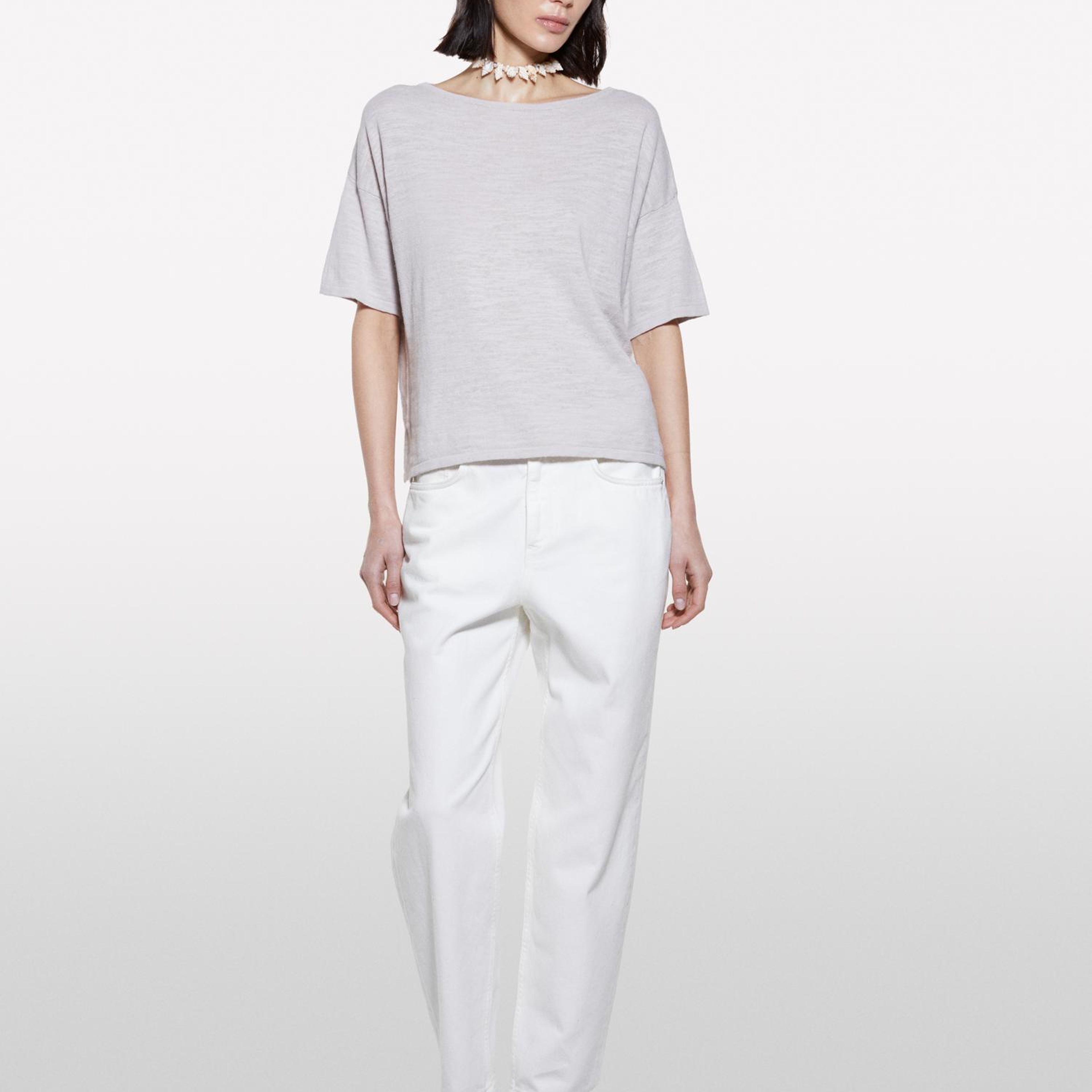 Kadın Gri Keten Karışımlı Bisiklet Yaka Oversize T-Shirt