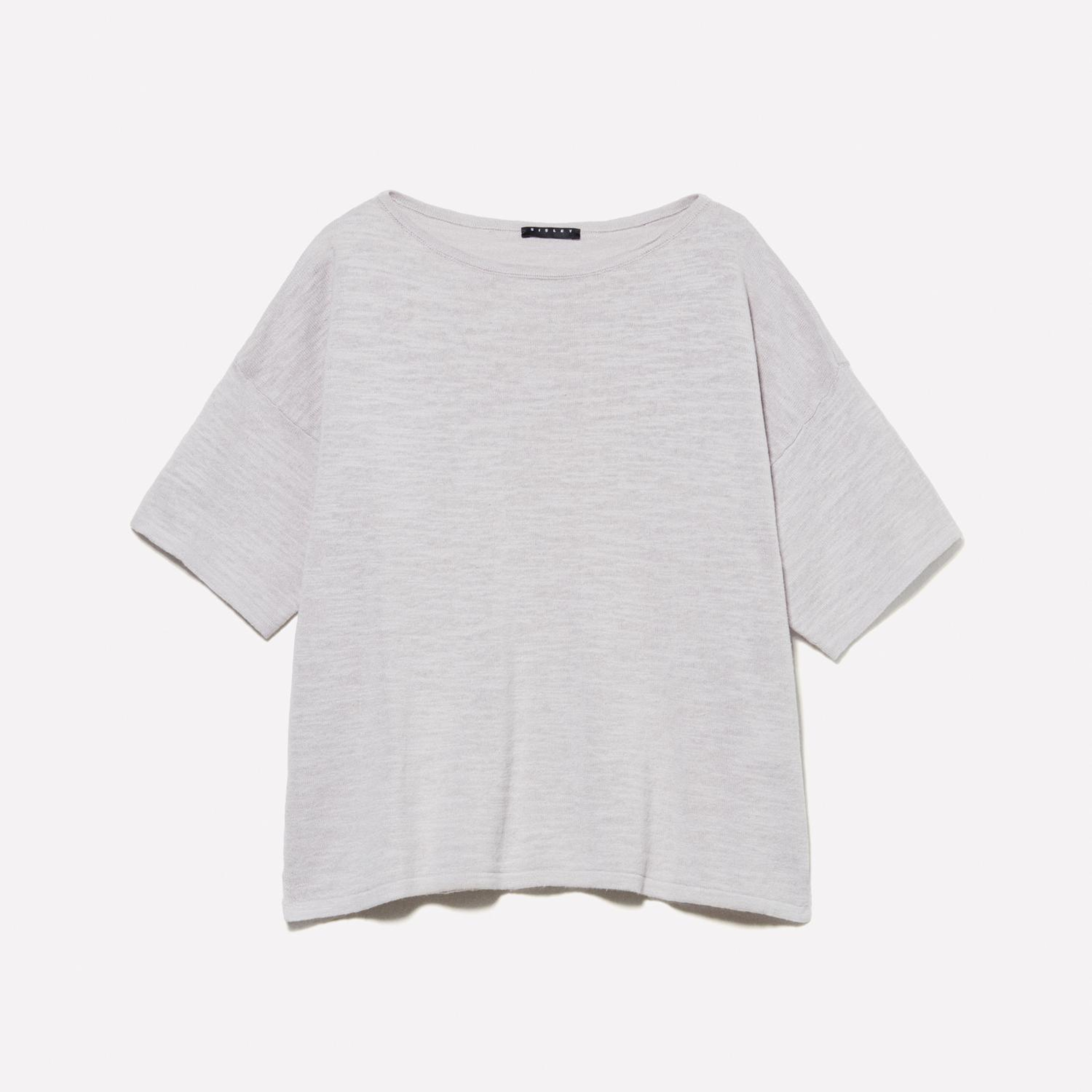 Kadın Gri Keten Karışımlı Bisiklet Yaka Oversize T-Shirt