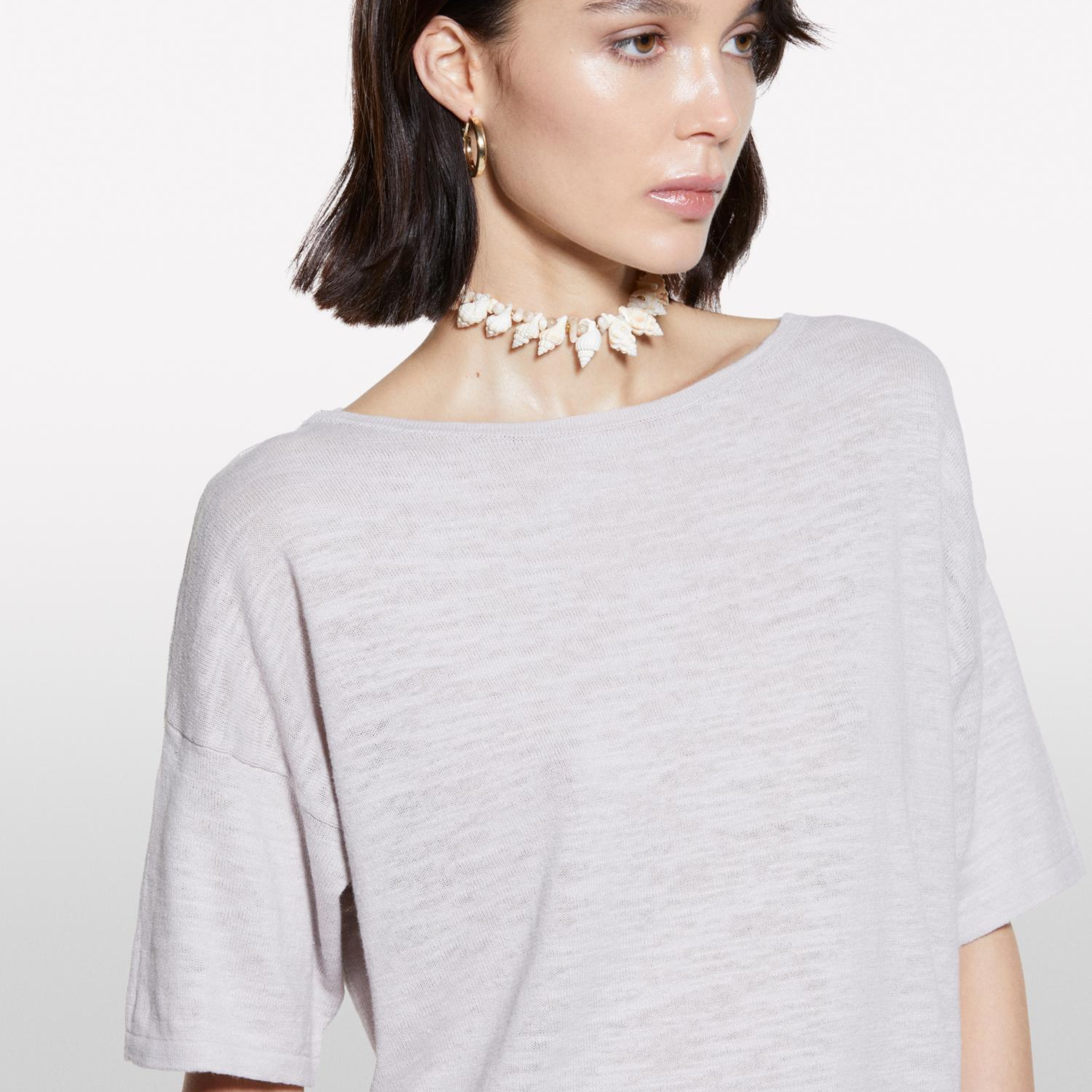 Kadın Gri Keten Karışımlı Bisiklet Yaka Oversize T-Shirt