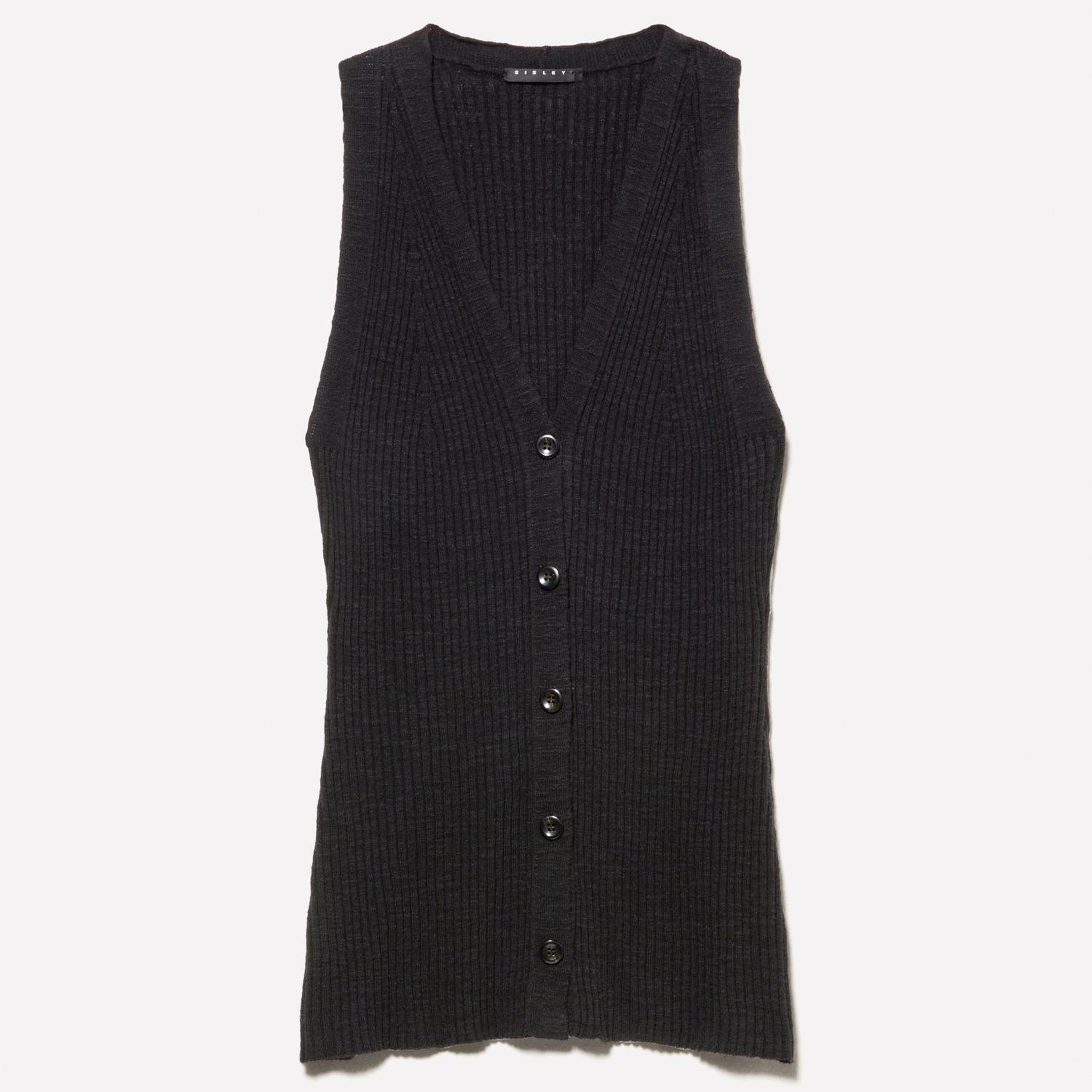Kadın Siyah Keten Karışımlı Slim Fit Triko Yelek