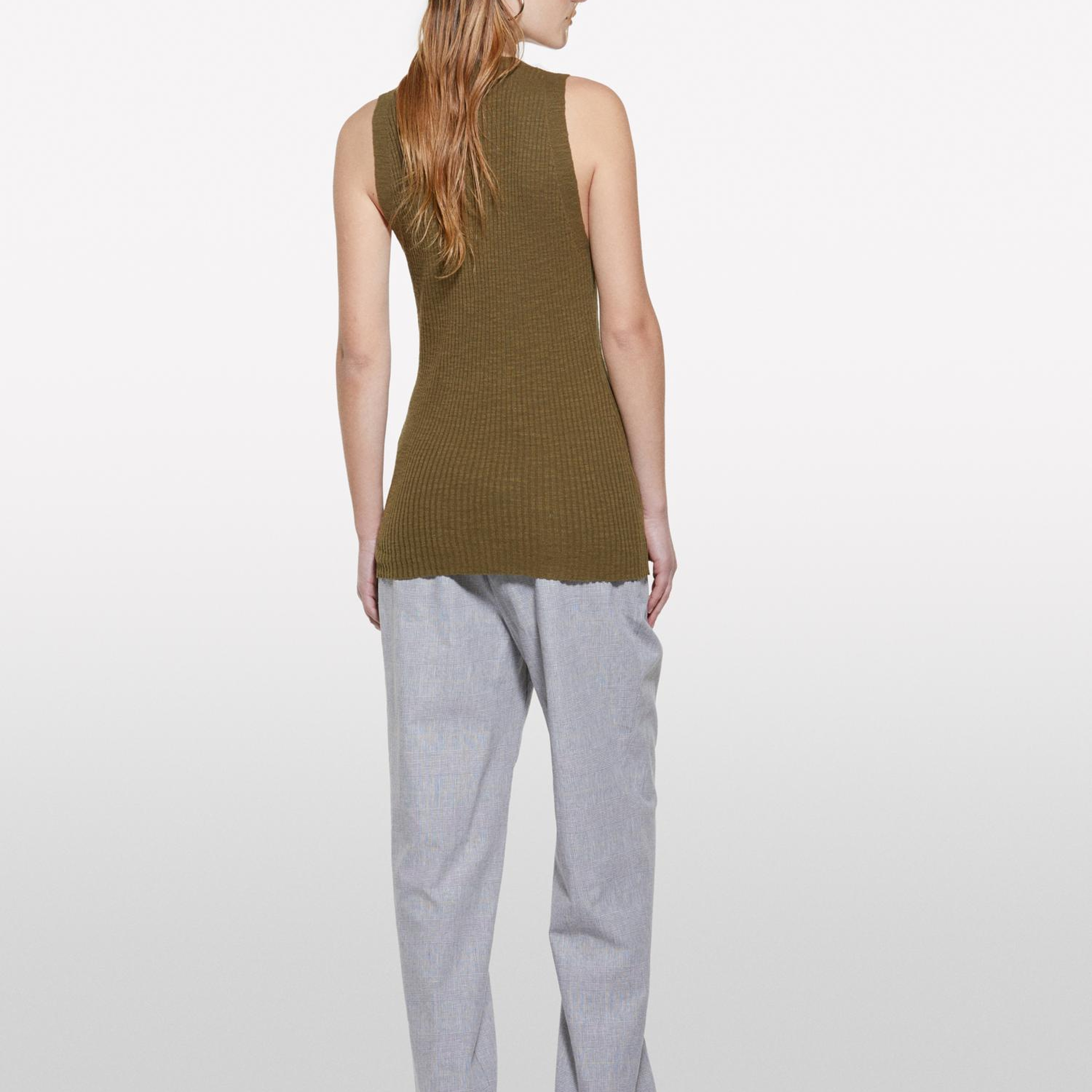 Kadın Koyu Haki Keten Karışımlı Slim Fit Triko Yelek