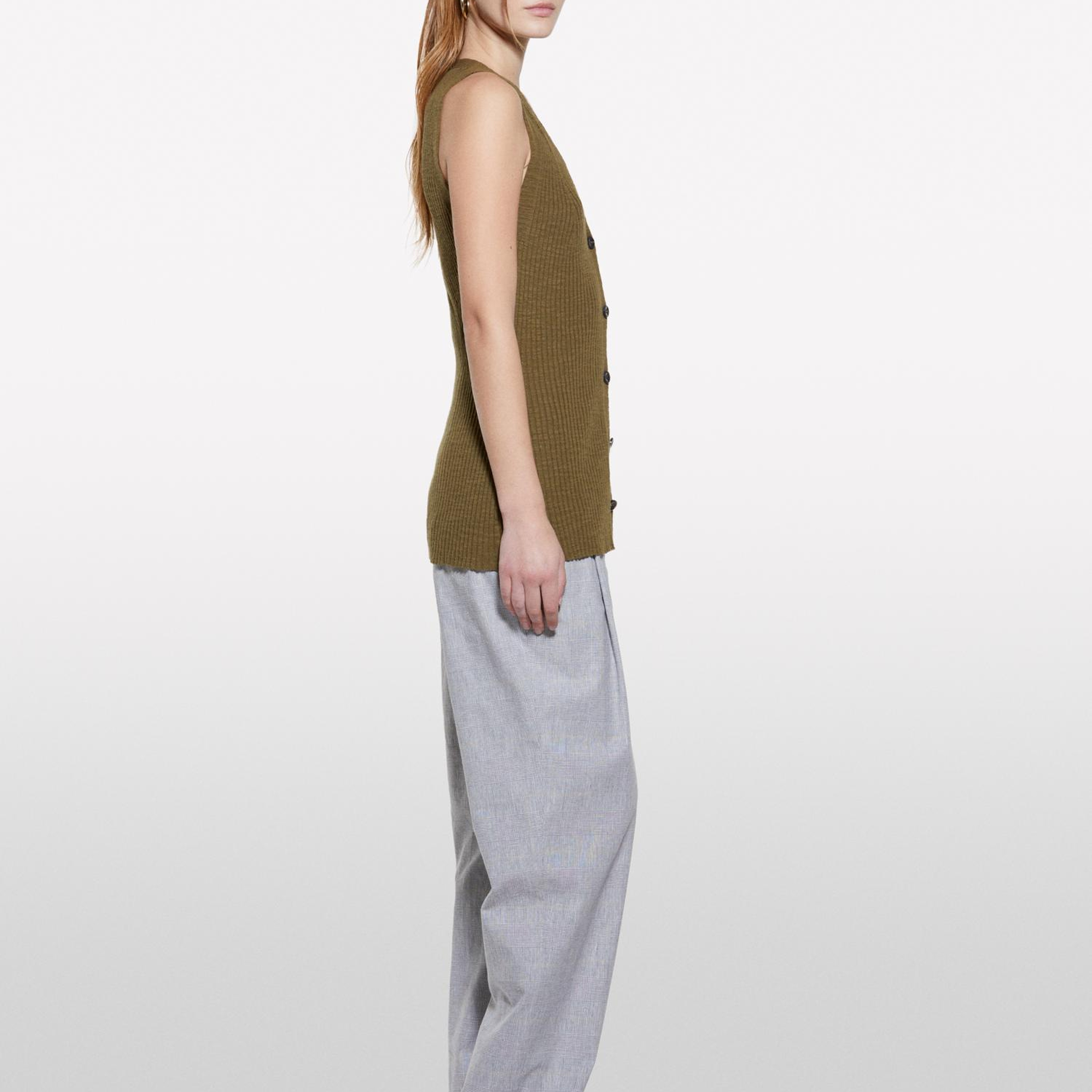 Kadın Koyu Haki Keten Karışımlı Slim Fit Triko Yelek