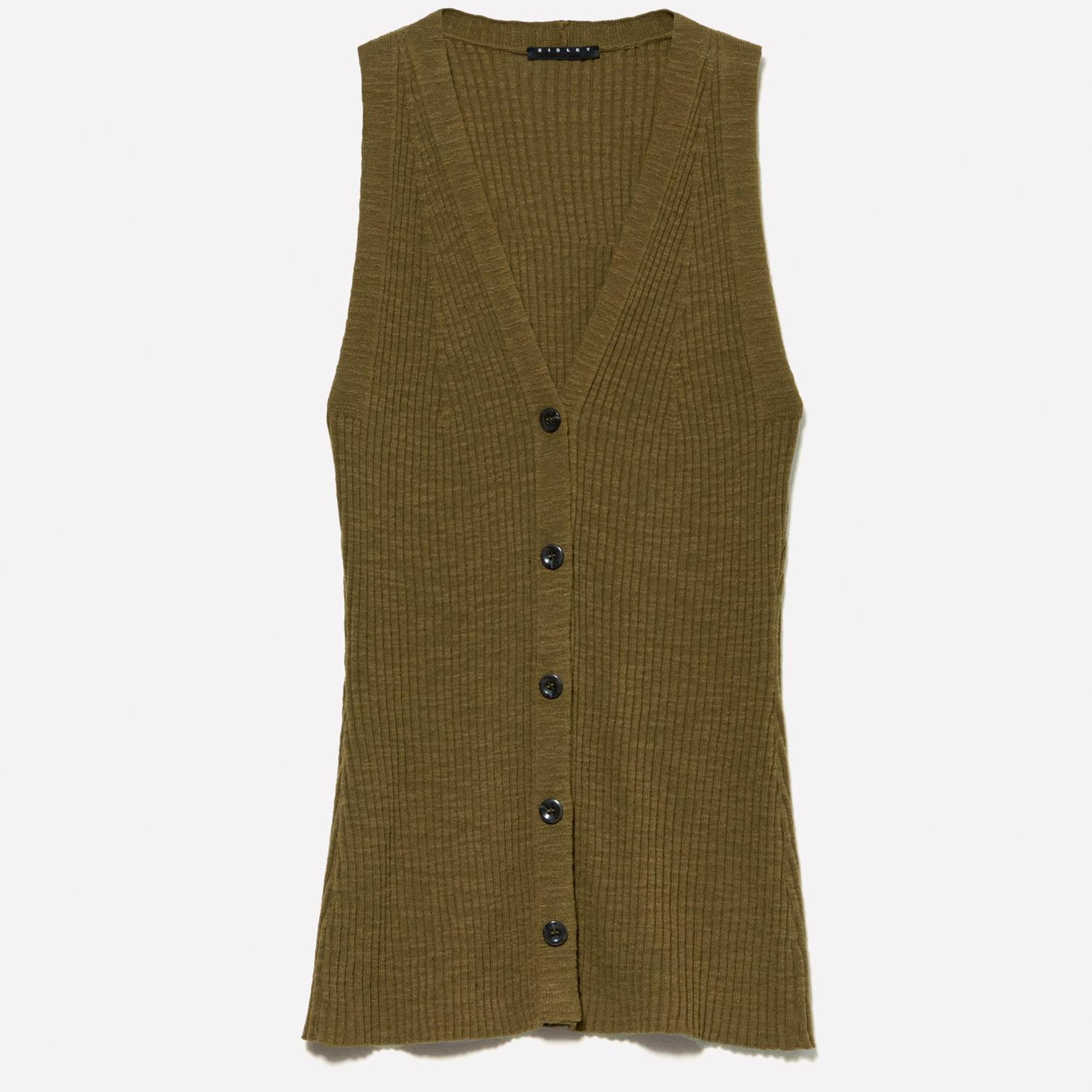 Kadın Koyu Haki Keten Karışımlı Slim Fit Triko Yelek