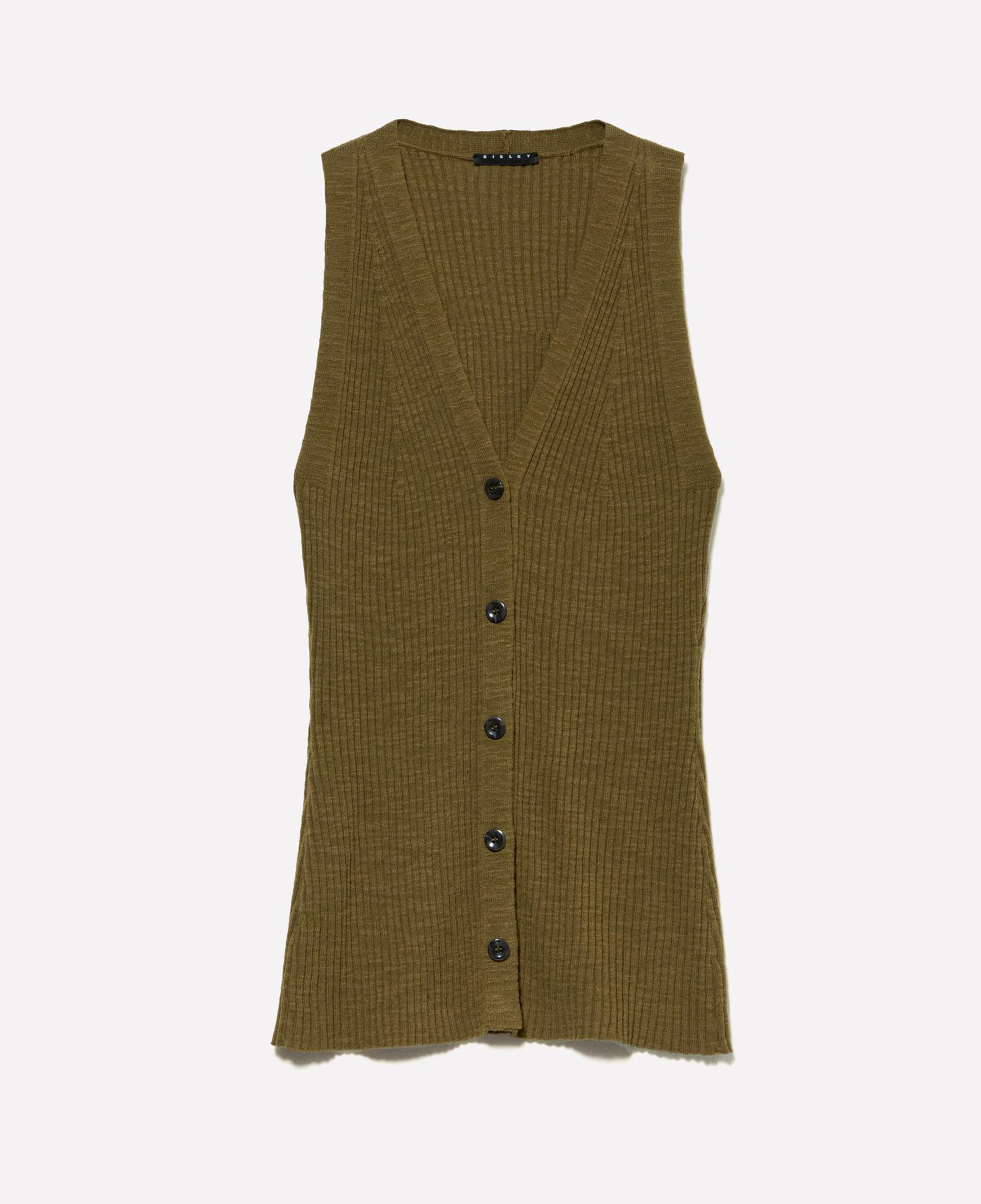 Kadın Koyu Haki Keten Karışımlı Slim Fit Triko Yelek