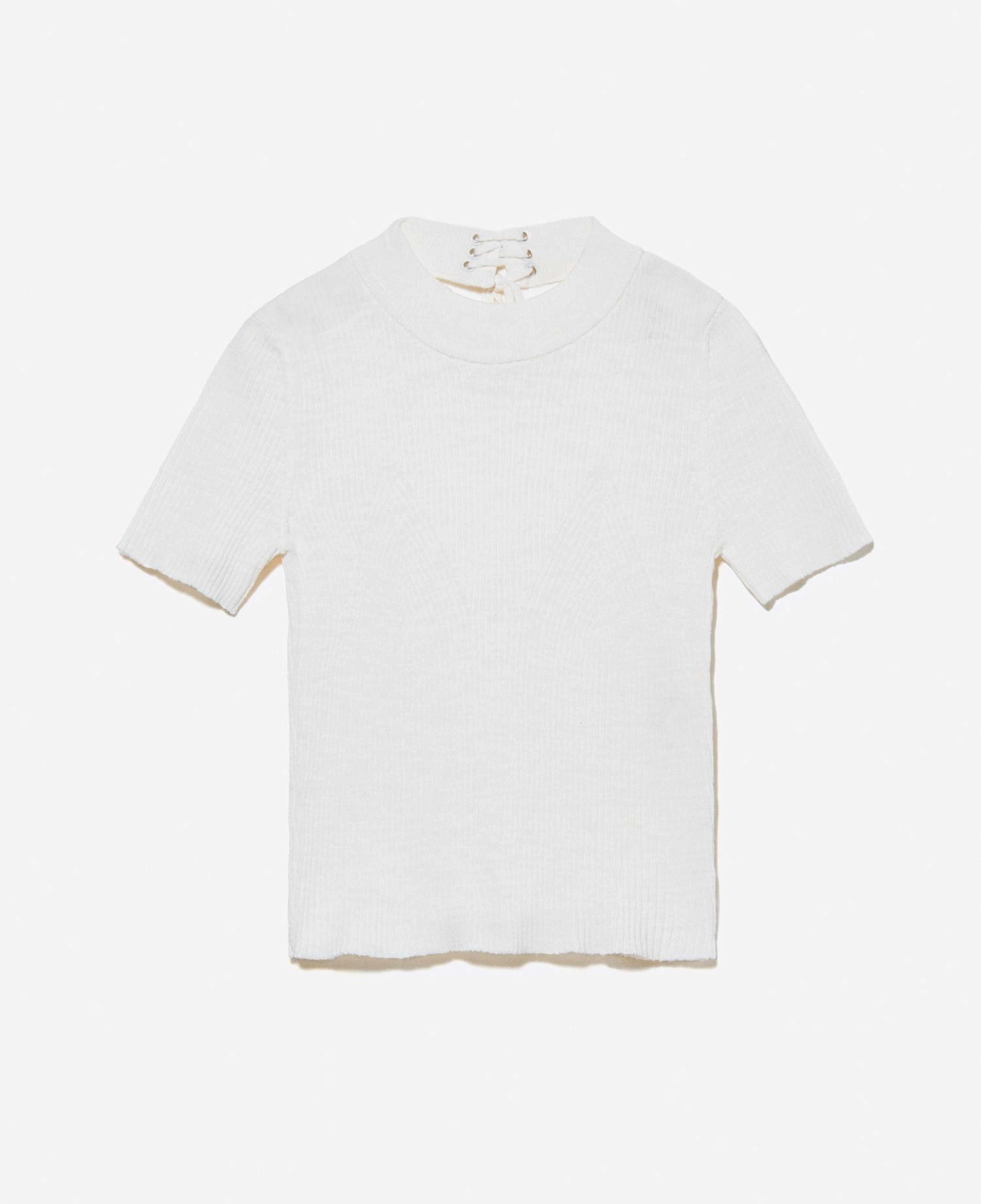 Kadın Kırık Beyaz Keten Karışımlı Slim Fit Kısa Kollu Kazak