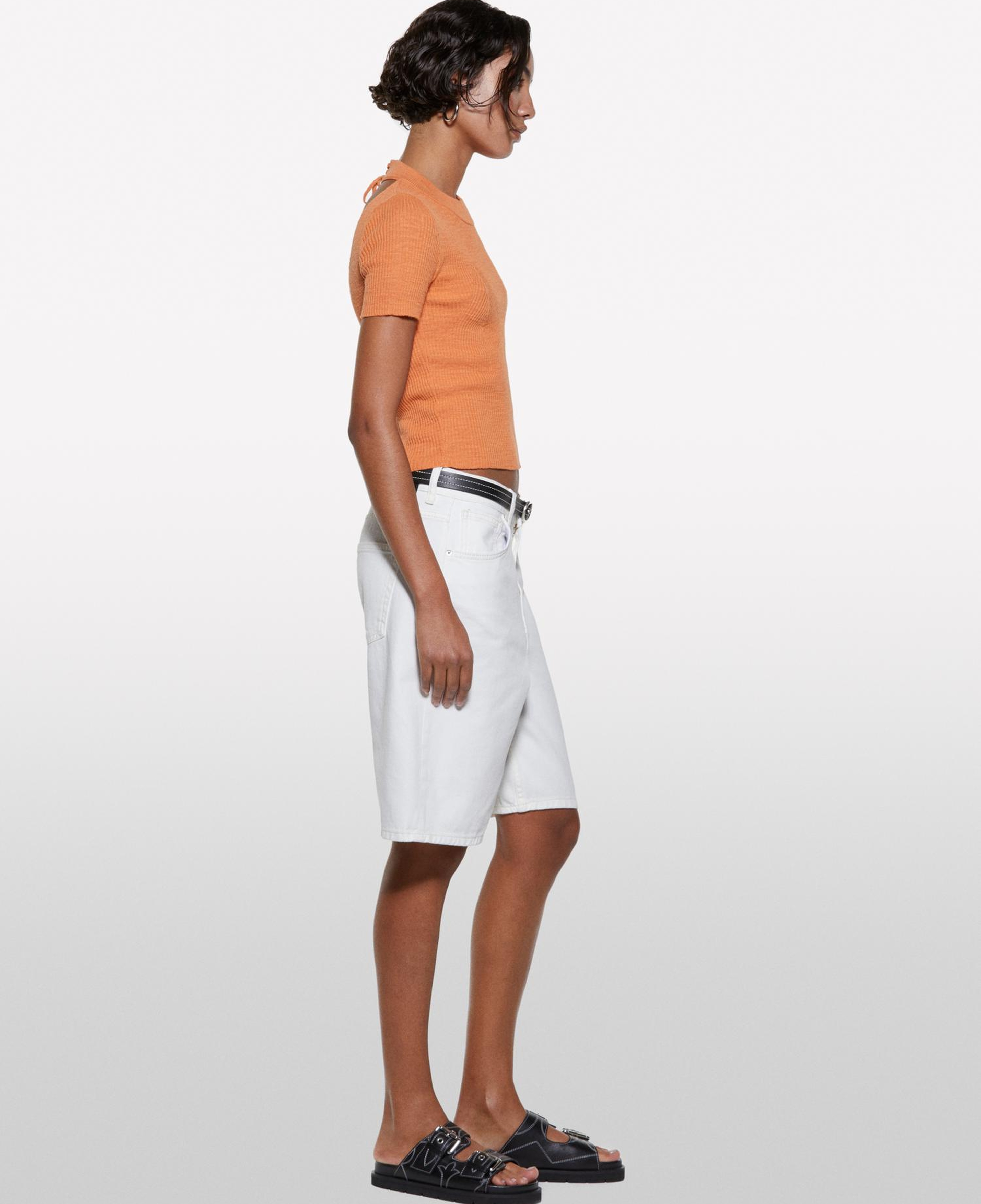 Kadın Turuncu Keten Karışımlı Slim Fit Kısa Kollu Kazak