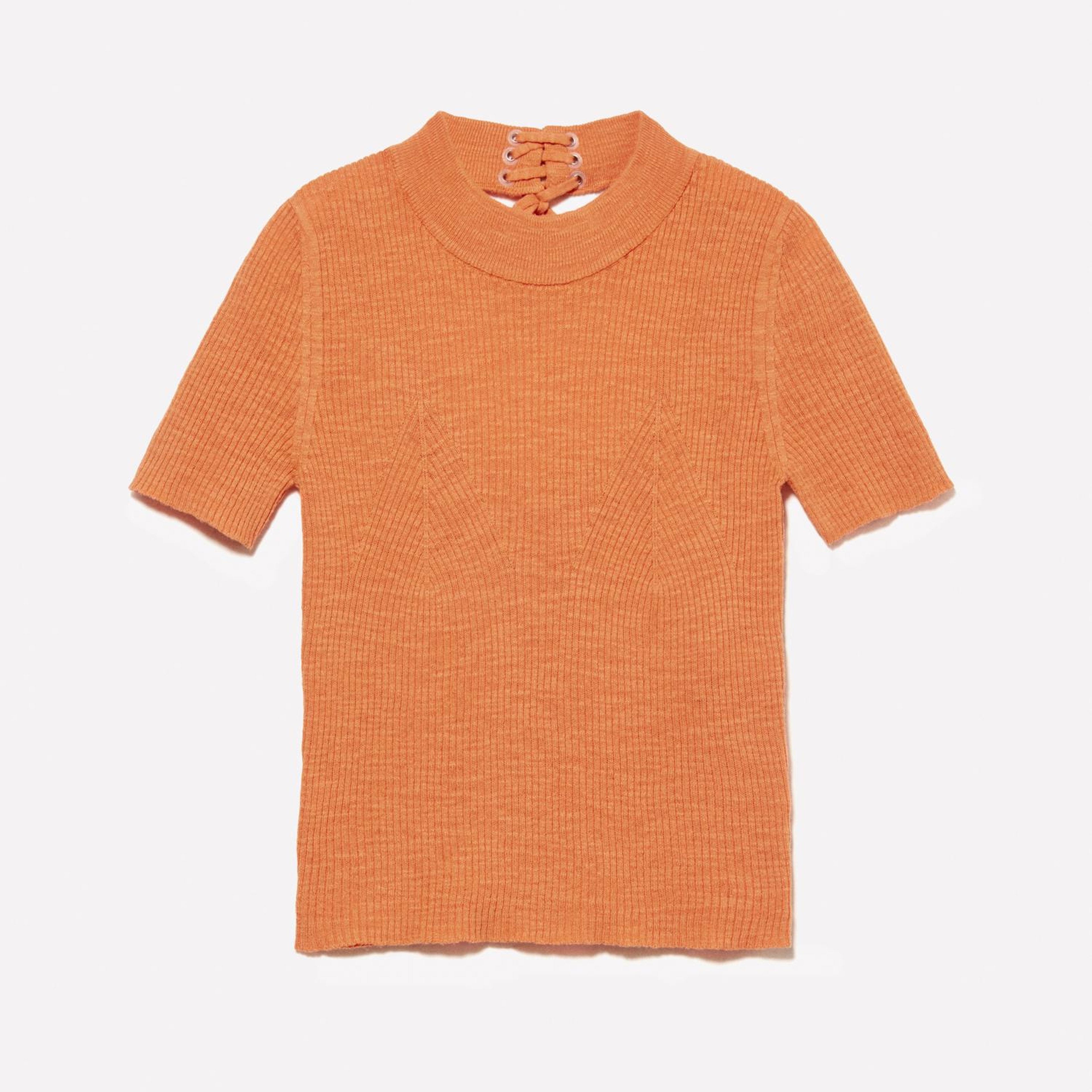 Kadın Turuncu Keten Karışımlı Slim Fit Kısa Kollu Kazak