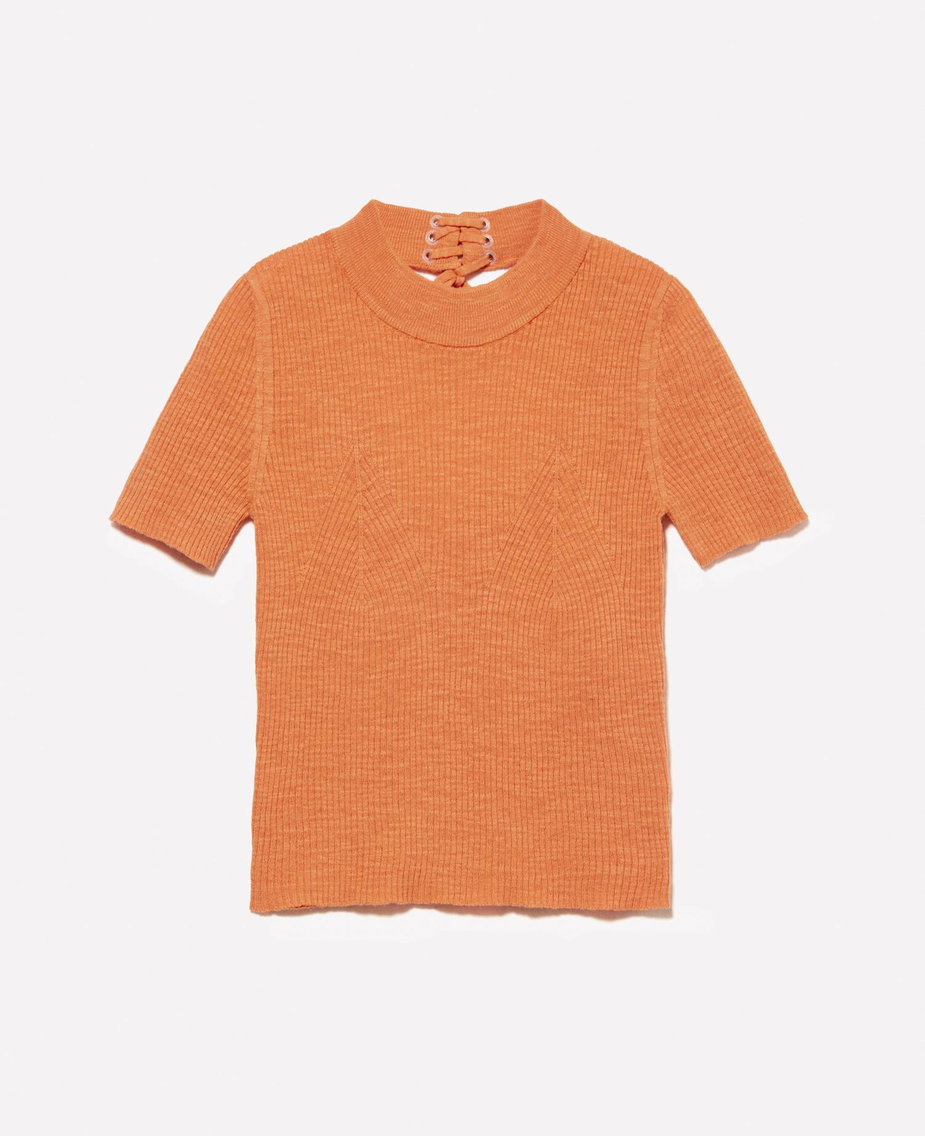 Kadın Turuncu Keten Karışımlı Slim Fit Kısa Kollu Kazak