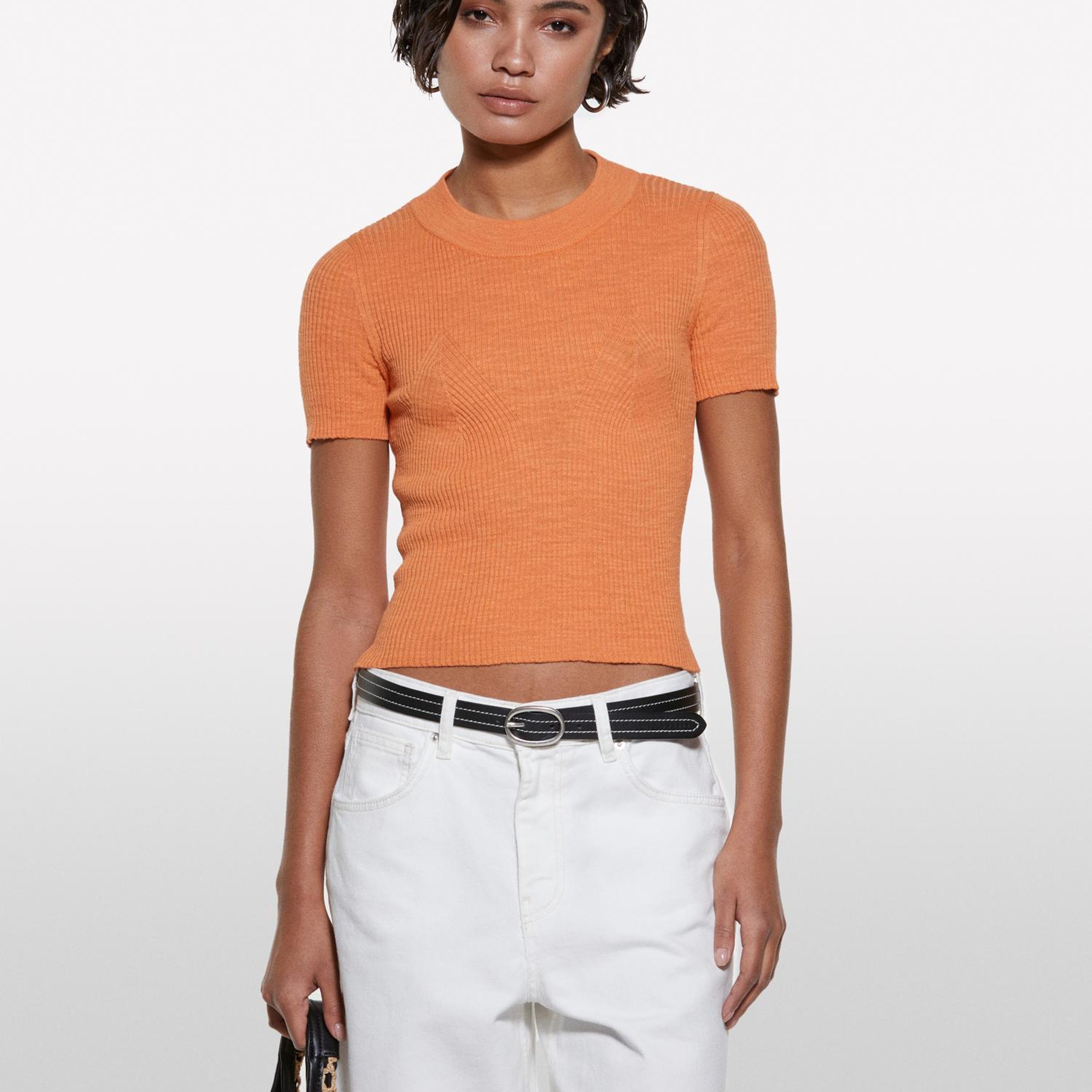 Kadın Turuncu Keten Karışımlı Slim Fit Kısa Kollu Kazak