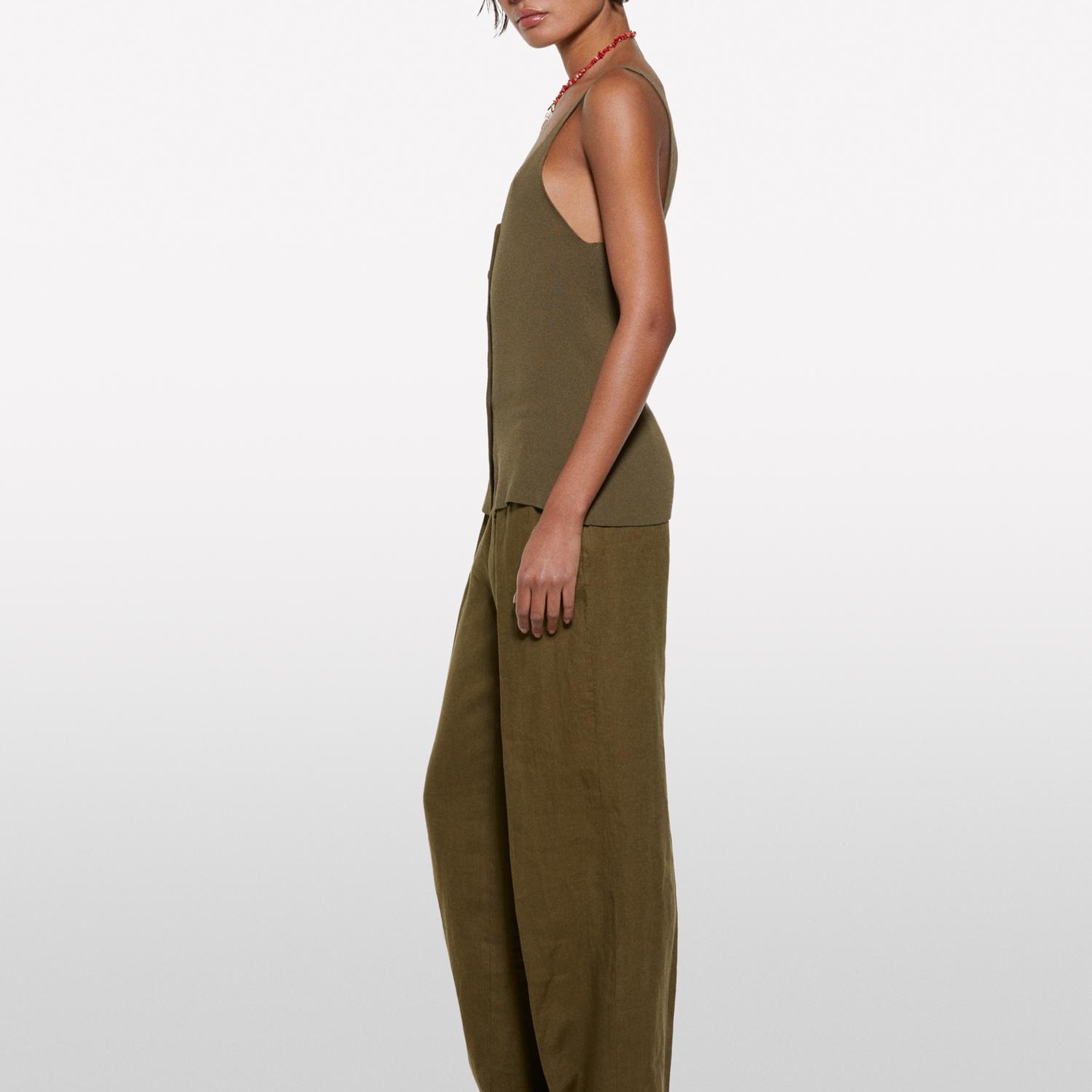 Kadın Koyu Haki %100 Viskoz Önü Düğmeli V Yaka Slim Fit Bluz