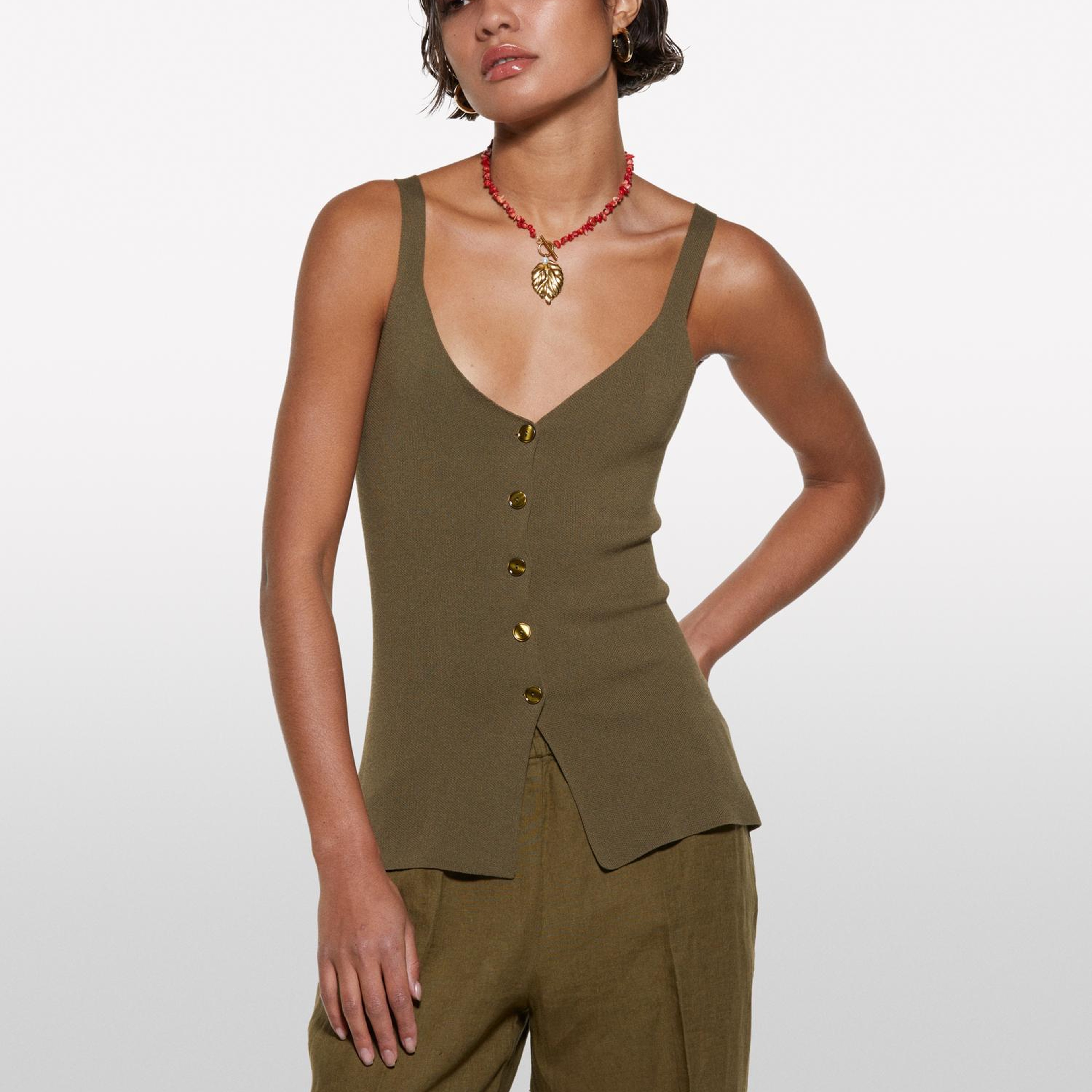 Kadın Koyu Haki %100 Viskoz Önü Düğmeli V Yaka Slim Fit Bluz