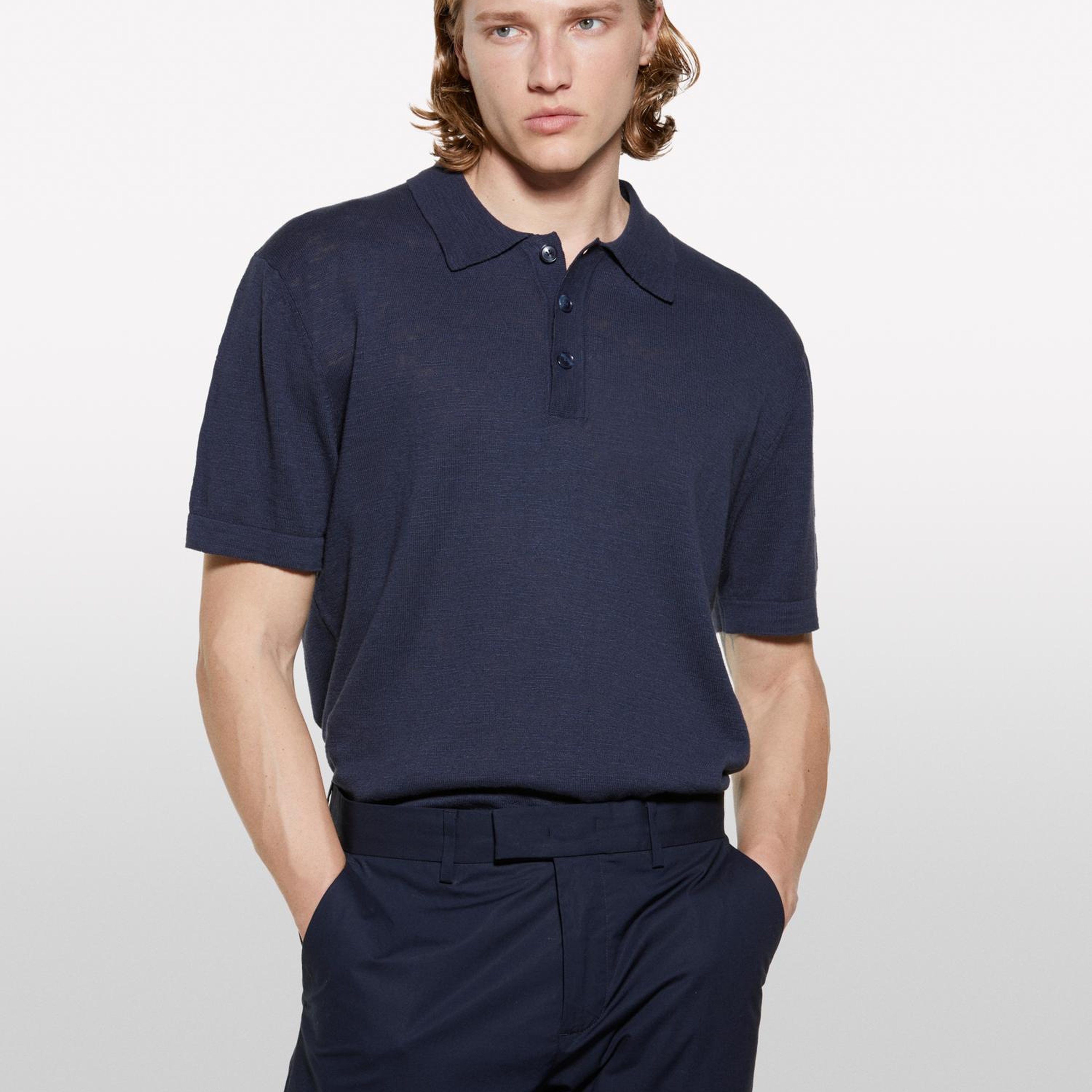 Erkek Koyu Lacivert Keten Karışımlı Triko Polo T-Shirt