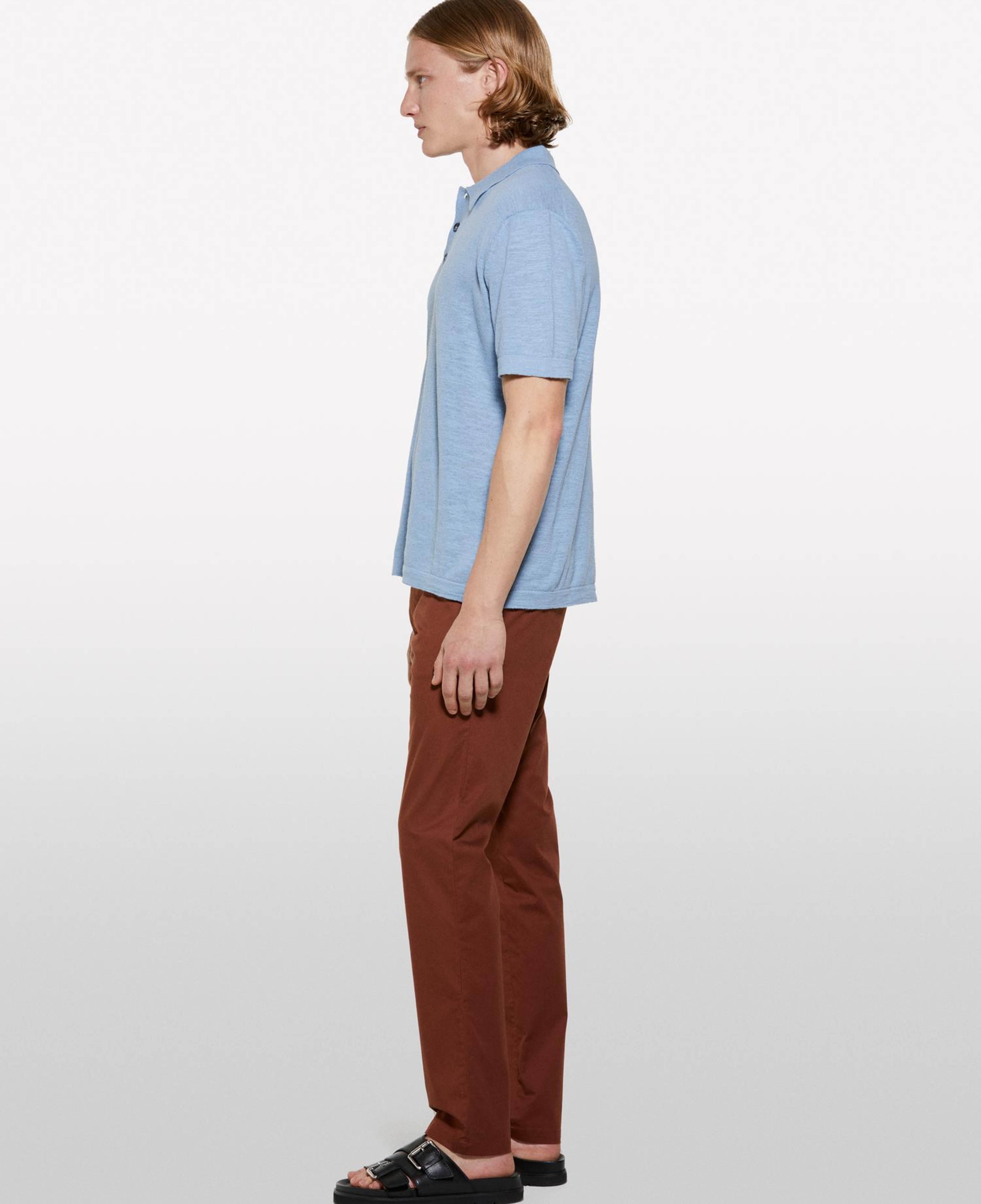 Erkek Havacı Mavi Keten Karışımlı Triko Polo T-Shirt