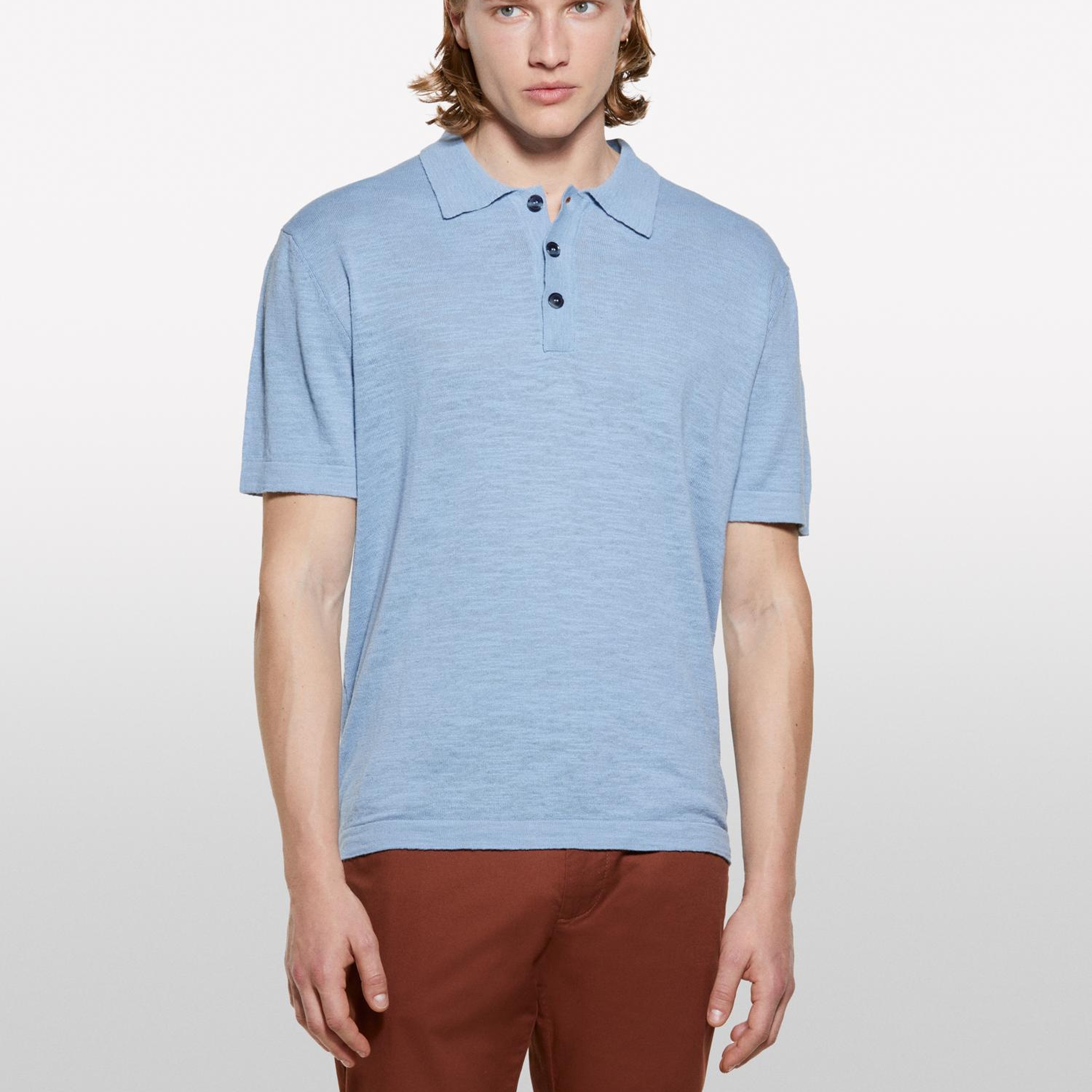 Erkek Havacı Mavi Keten Karışımlı Triko Polo T-Shirt