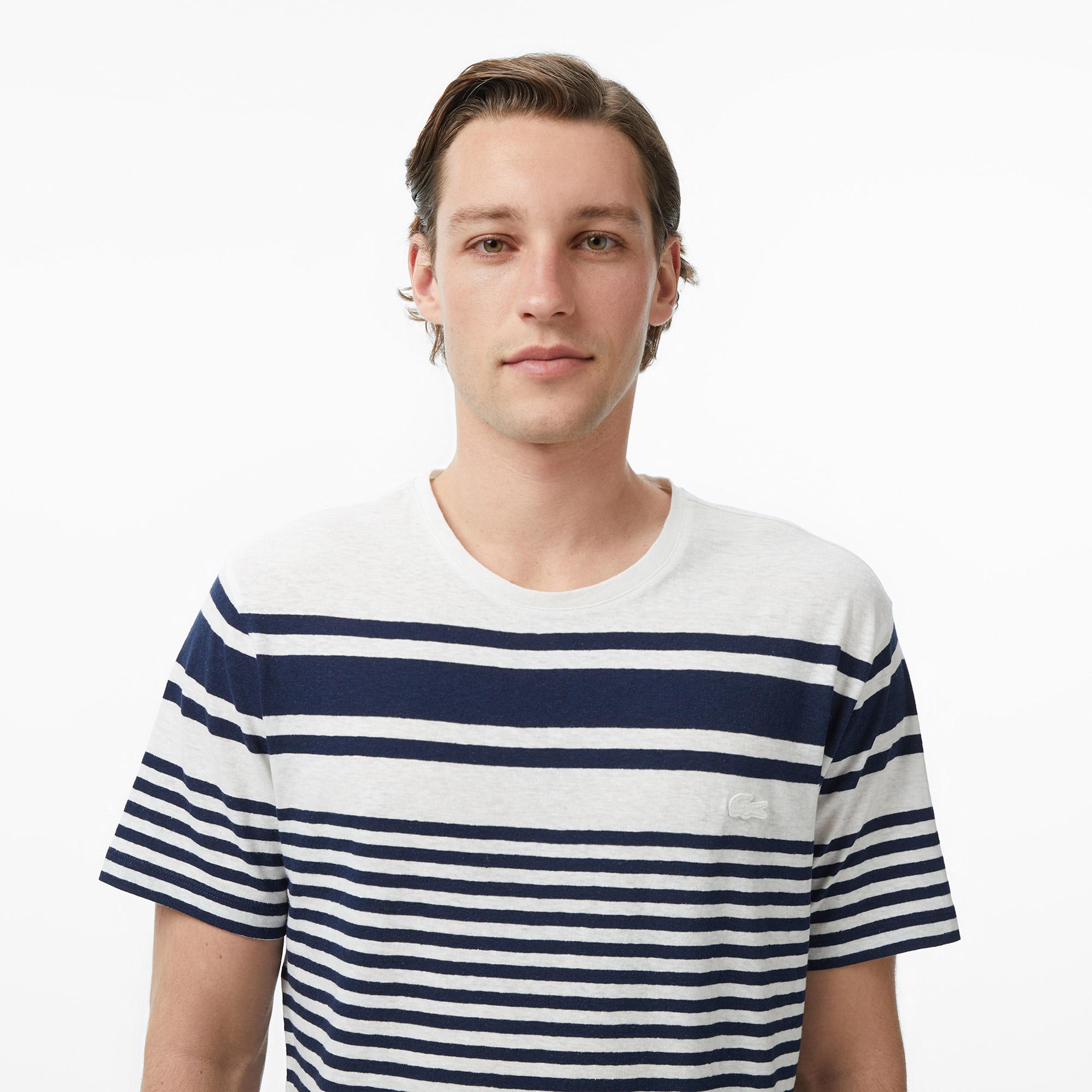 Lacoste Erkek Regular Fit Bisiklet Yaka Çizgili Lacivert T-Shirt