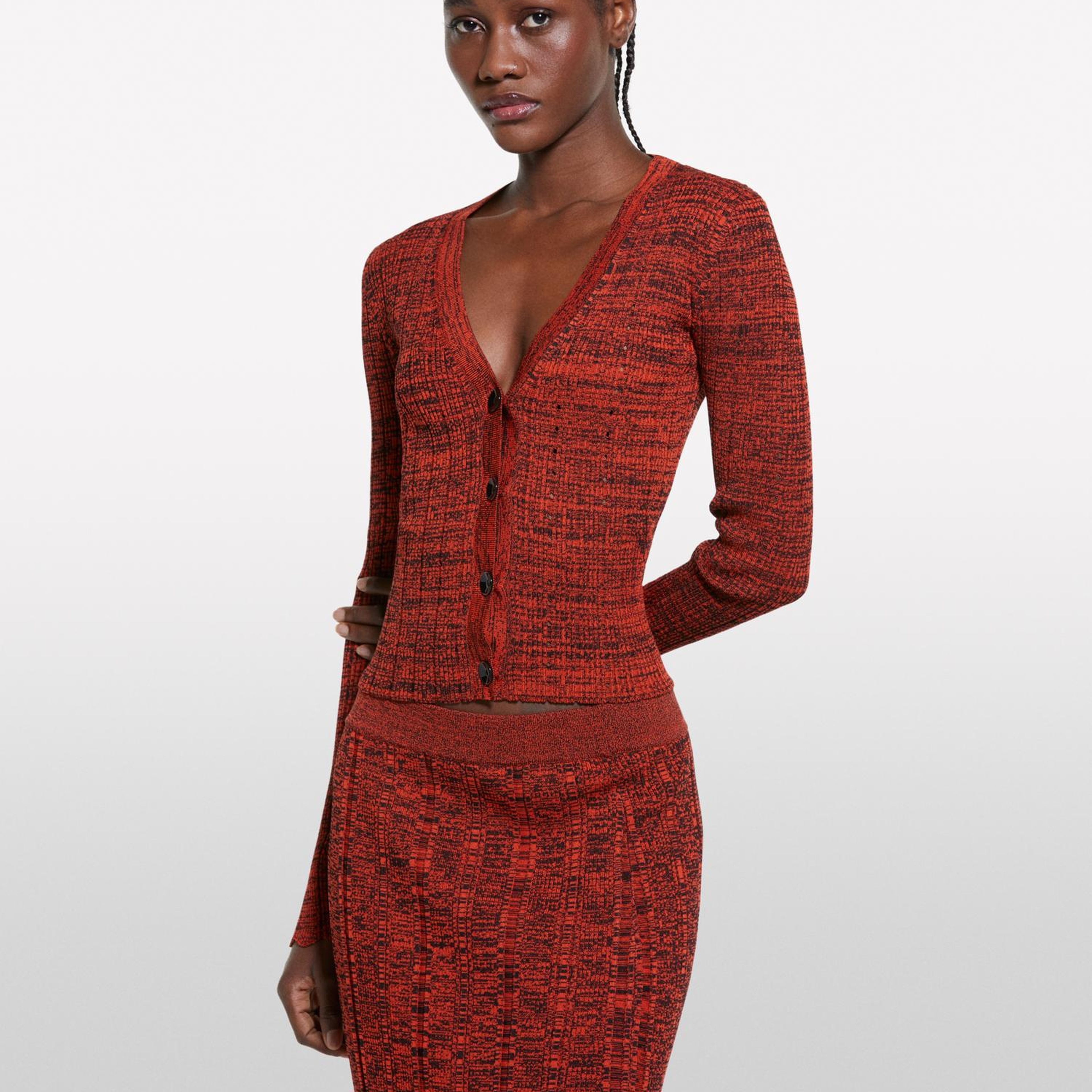 Kadın Kırmızı Viskoz Karışımlı V Yaka Slim Fit Triko Hırka