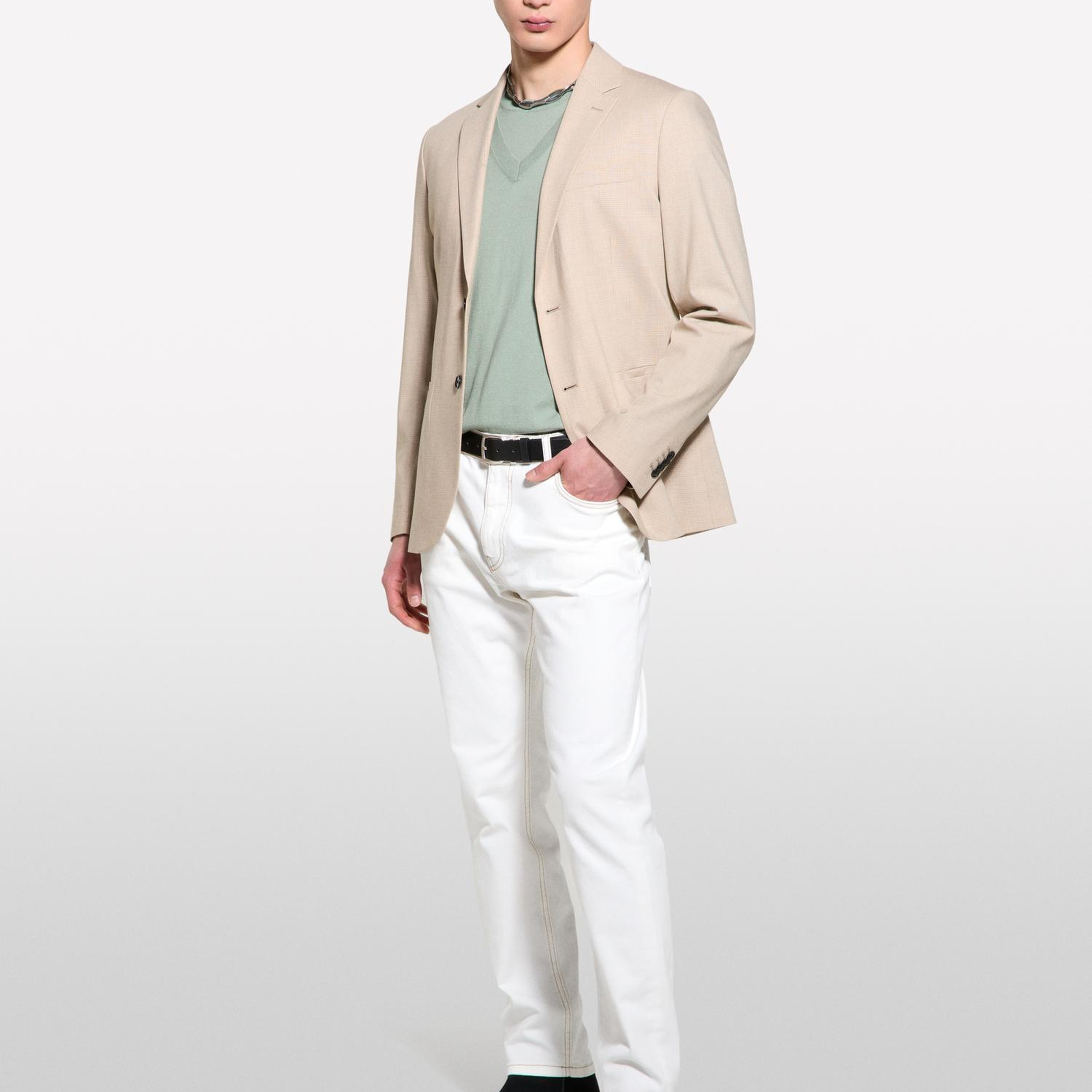 Erkek Krem Yün Karışımlı Slim Comfort Fit Blazer Ceket