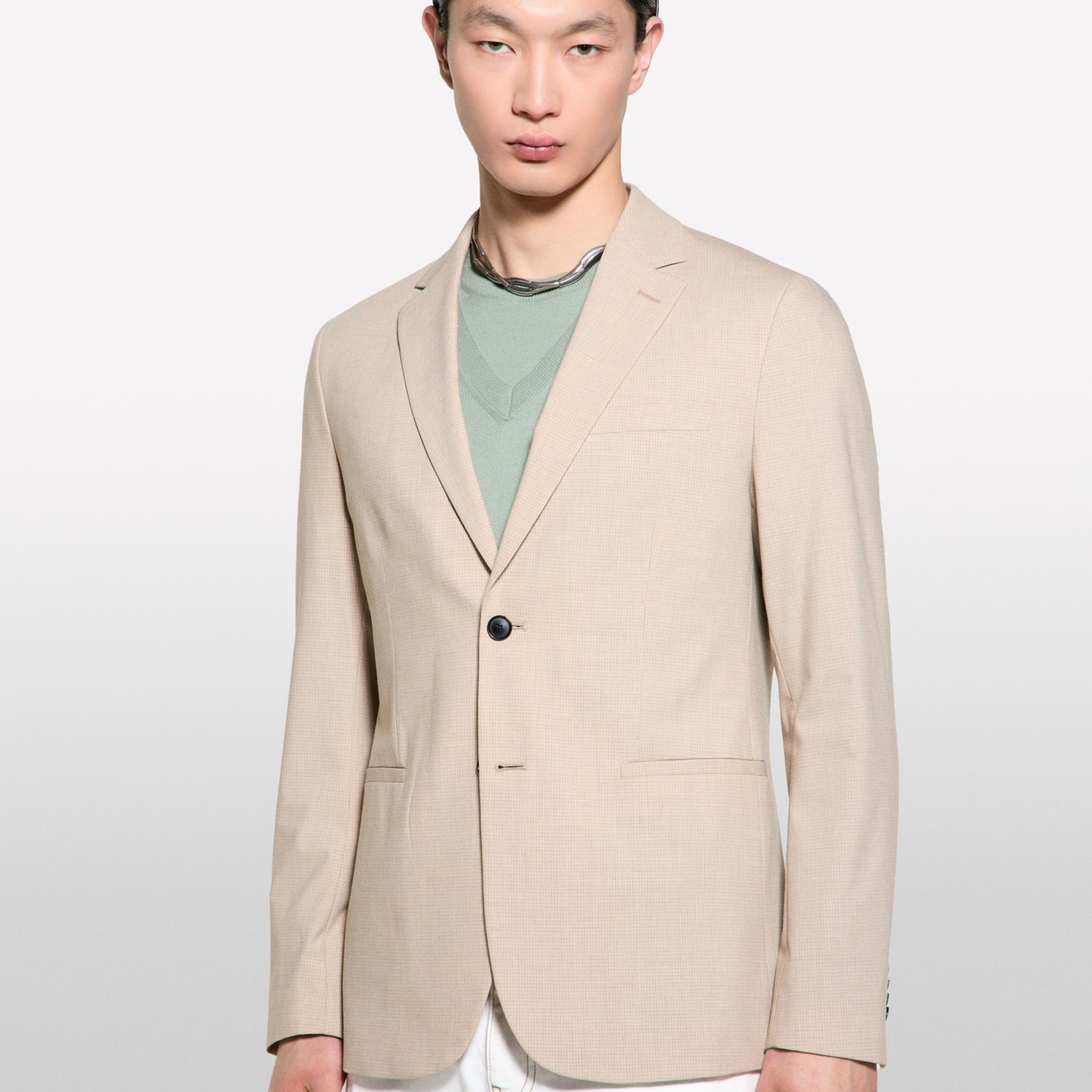 Erkek Krem Yün Karışımlı Slim Comfort Fit Blazer Ceket