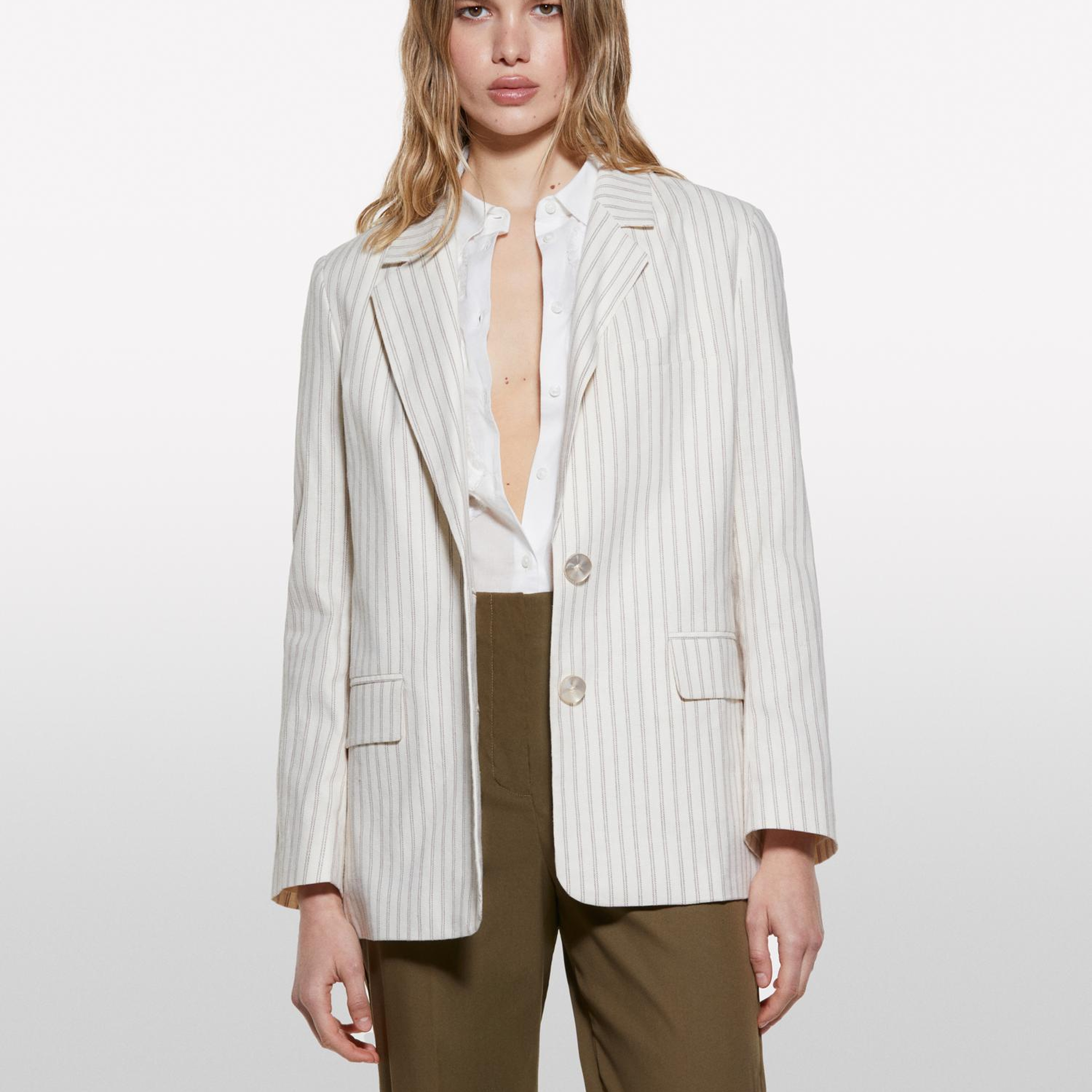 Kadın Krem Mix Keten Karışımlı Düğmeli Cepli Blazer Ceket