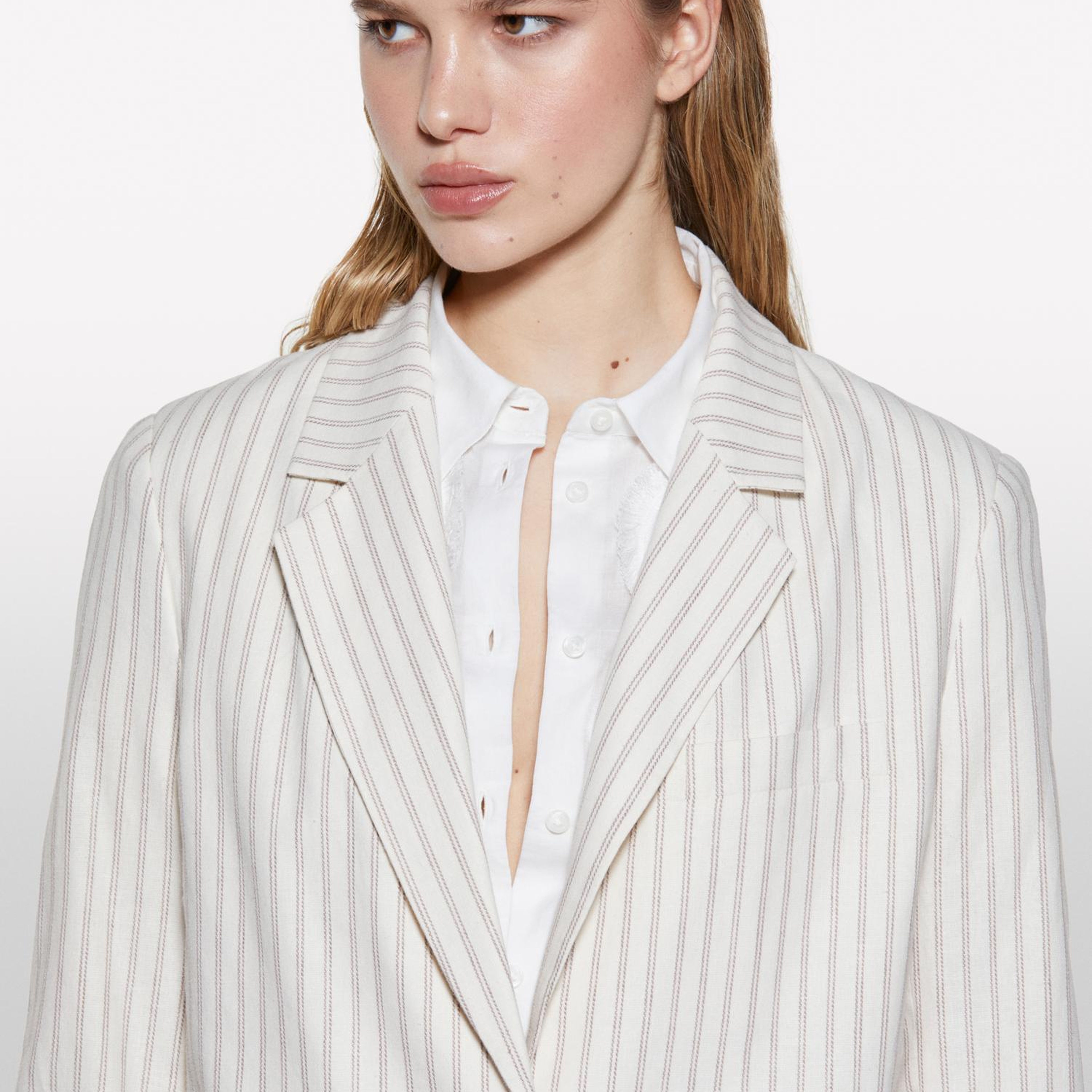 Kadın Krem Mix Keten Karışımlı Düğmeli Cepli Blazer Ceket