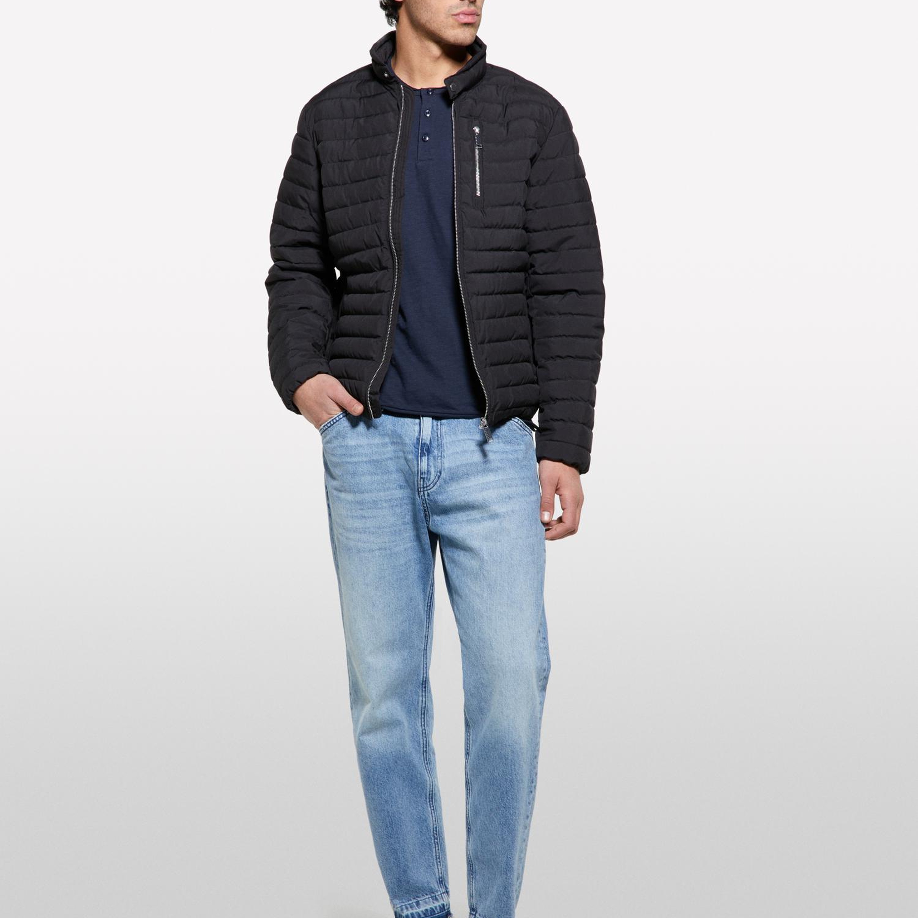 Erkek Sİyah Fermuar ve Logo Detaylı Slim Fit Mont