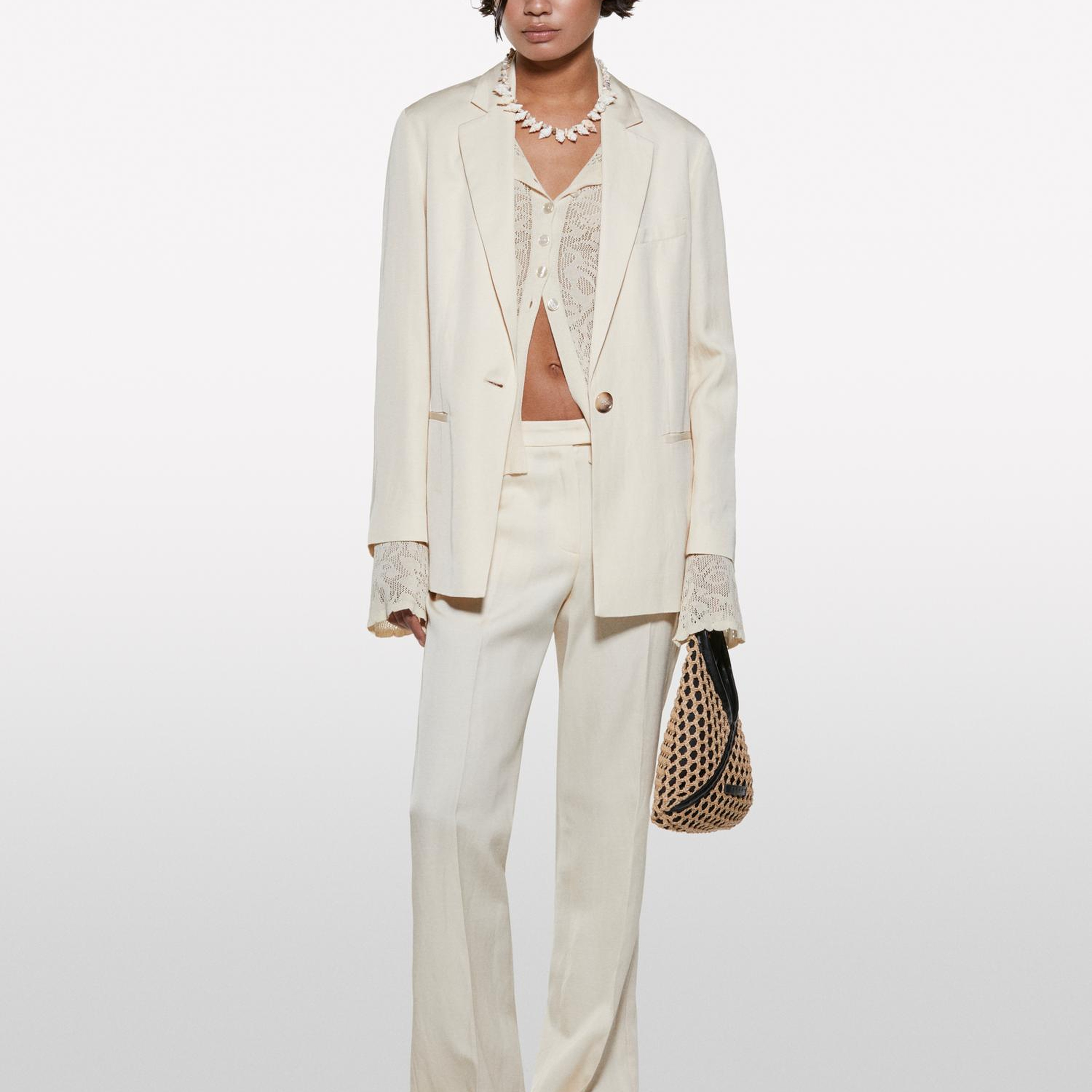 Kadın Şampanya Keten Karışımlı Bağlamalı Oversize Blazer Ceket