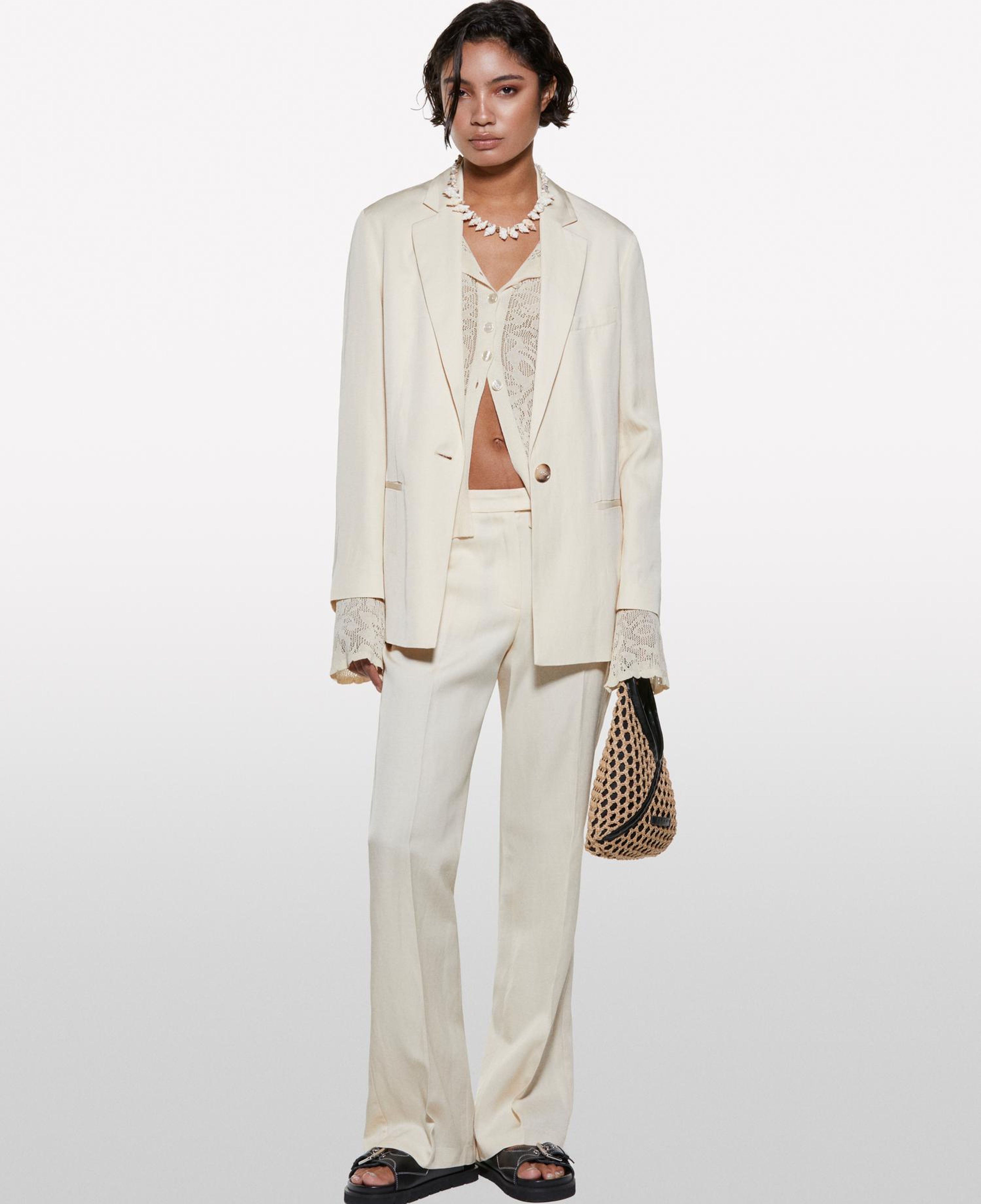Kadın Şampanya Keten Karışımlı Bağlamalı Oversize Blazer Ceket