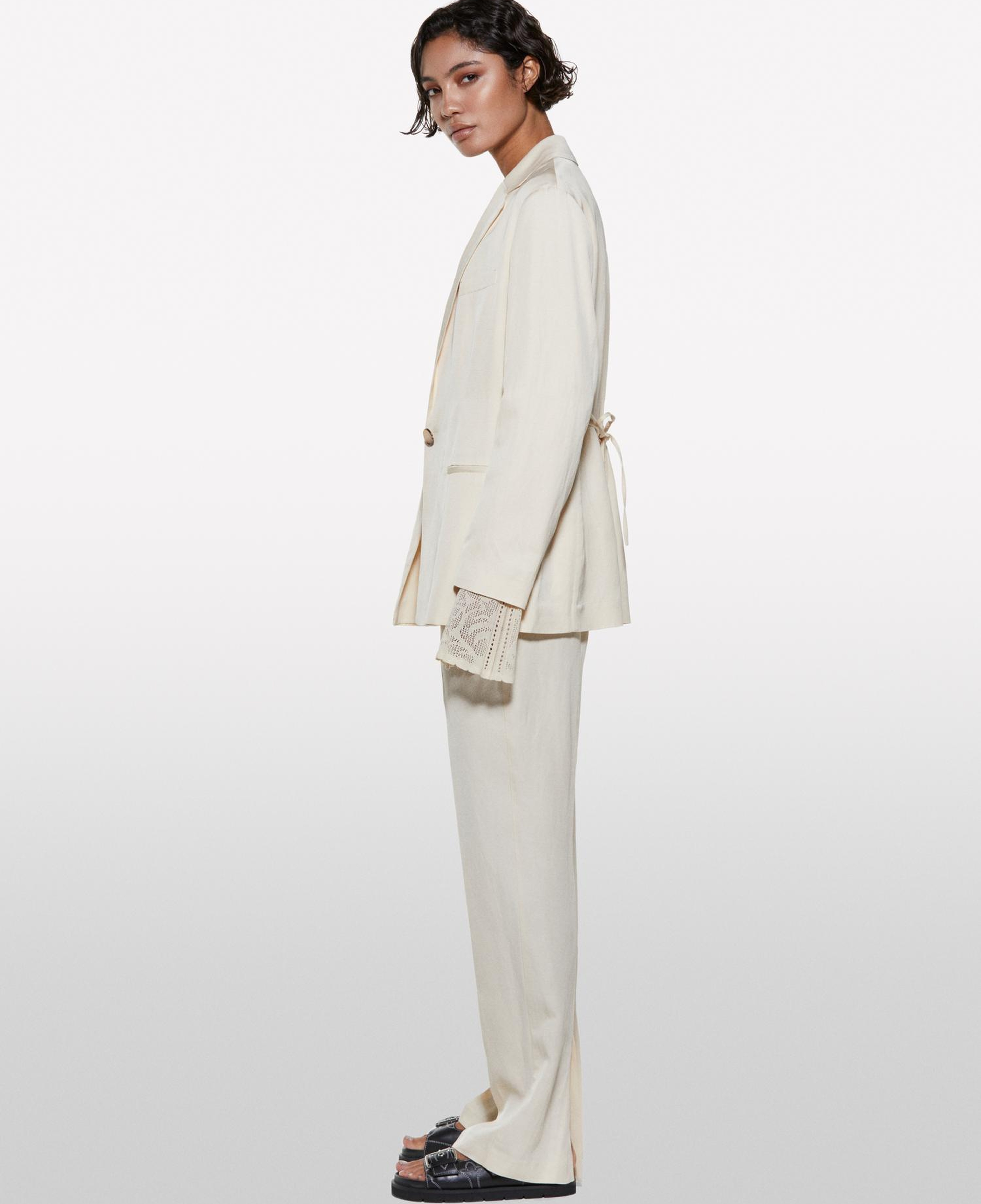 Kadın Şampanya Keten Karışımlı Bağlamalı Oversize Blazer Ceket
