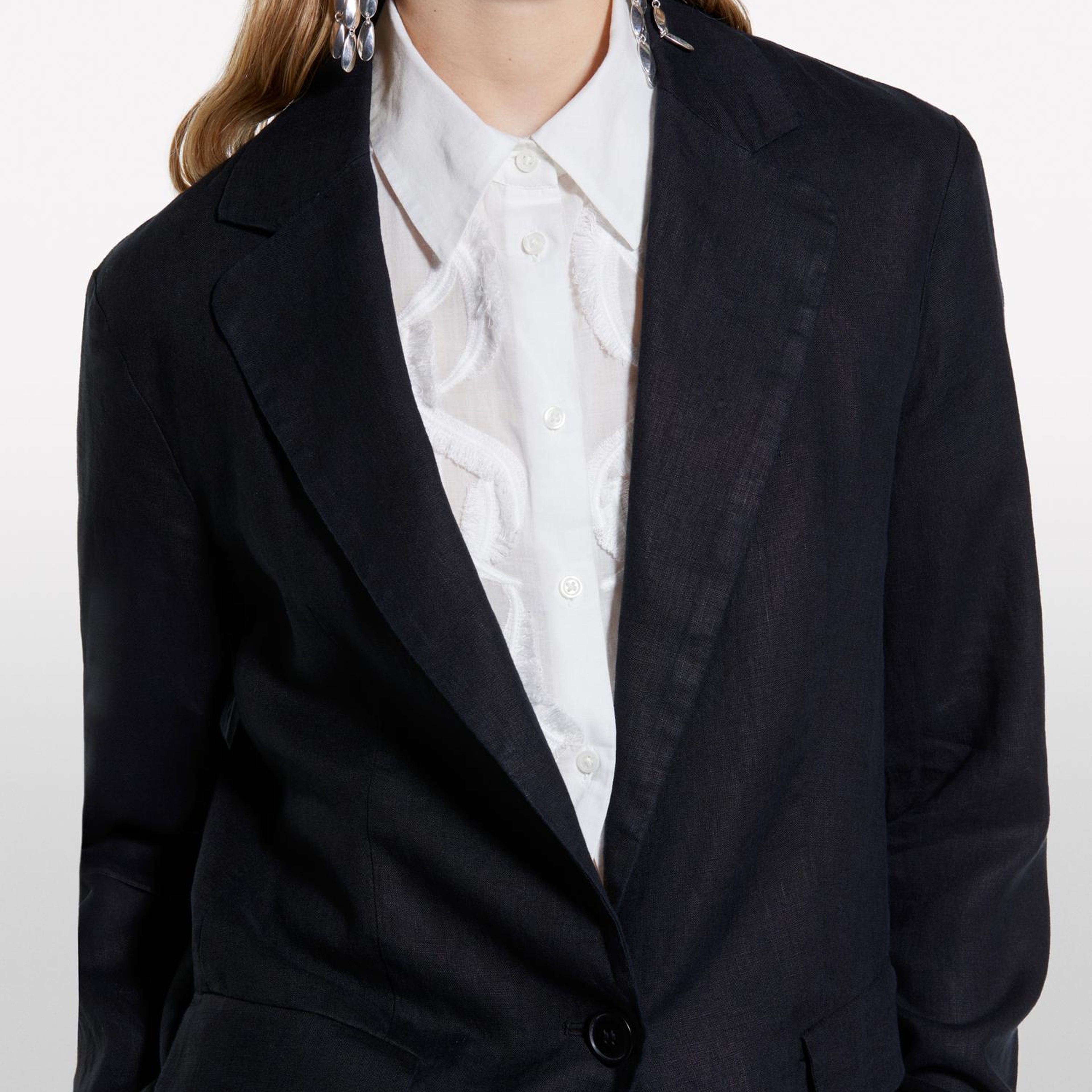 Kadın Siyah %100 Keten Tek Düğmeli Blazer Ceket