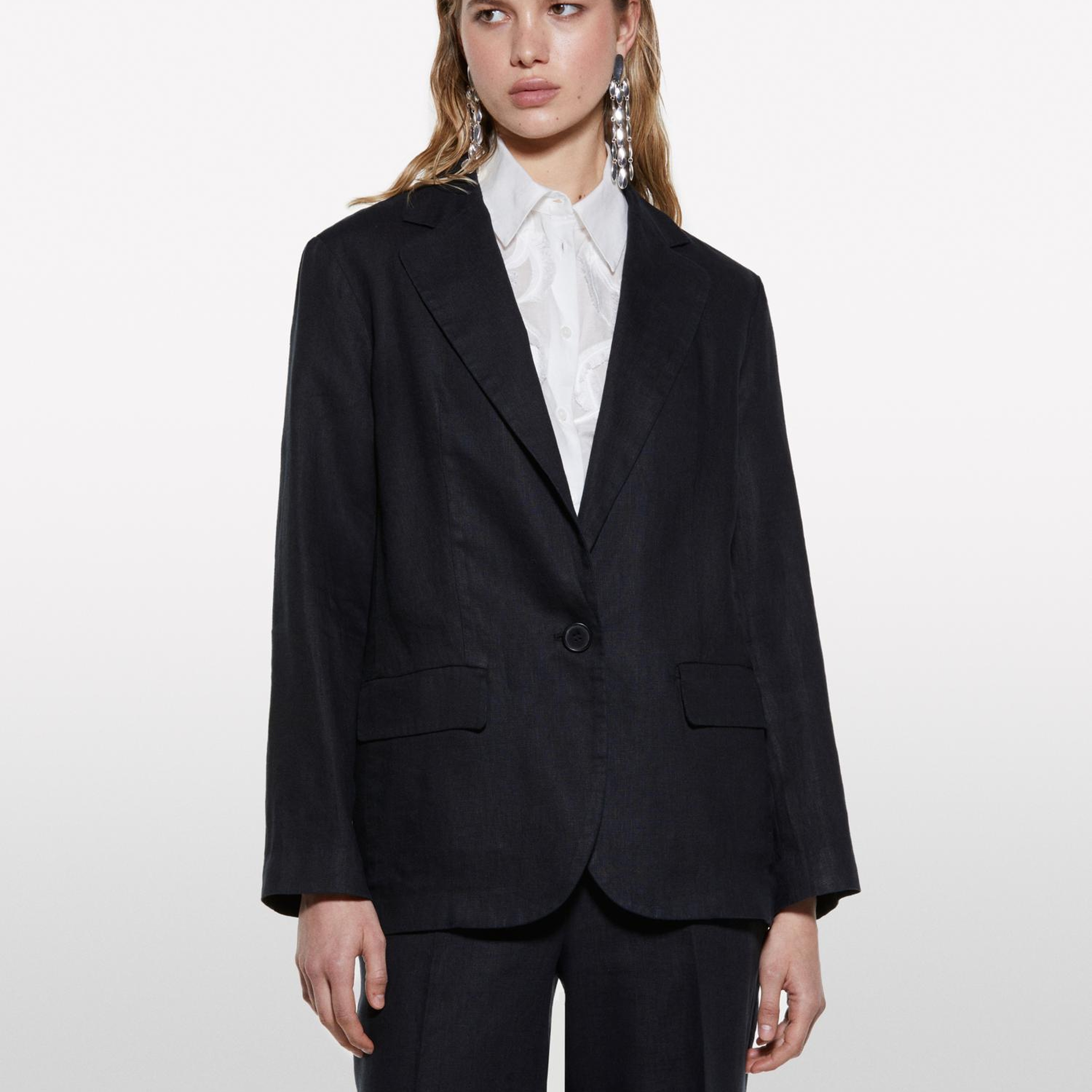 Kadın Siyah %100 Keten Tek Düğmeli Blazer Ceket