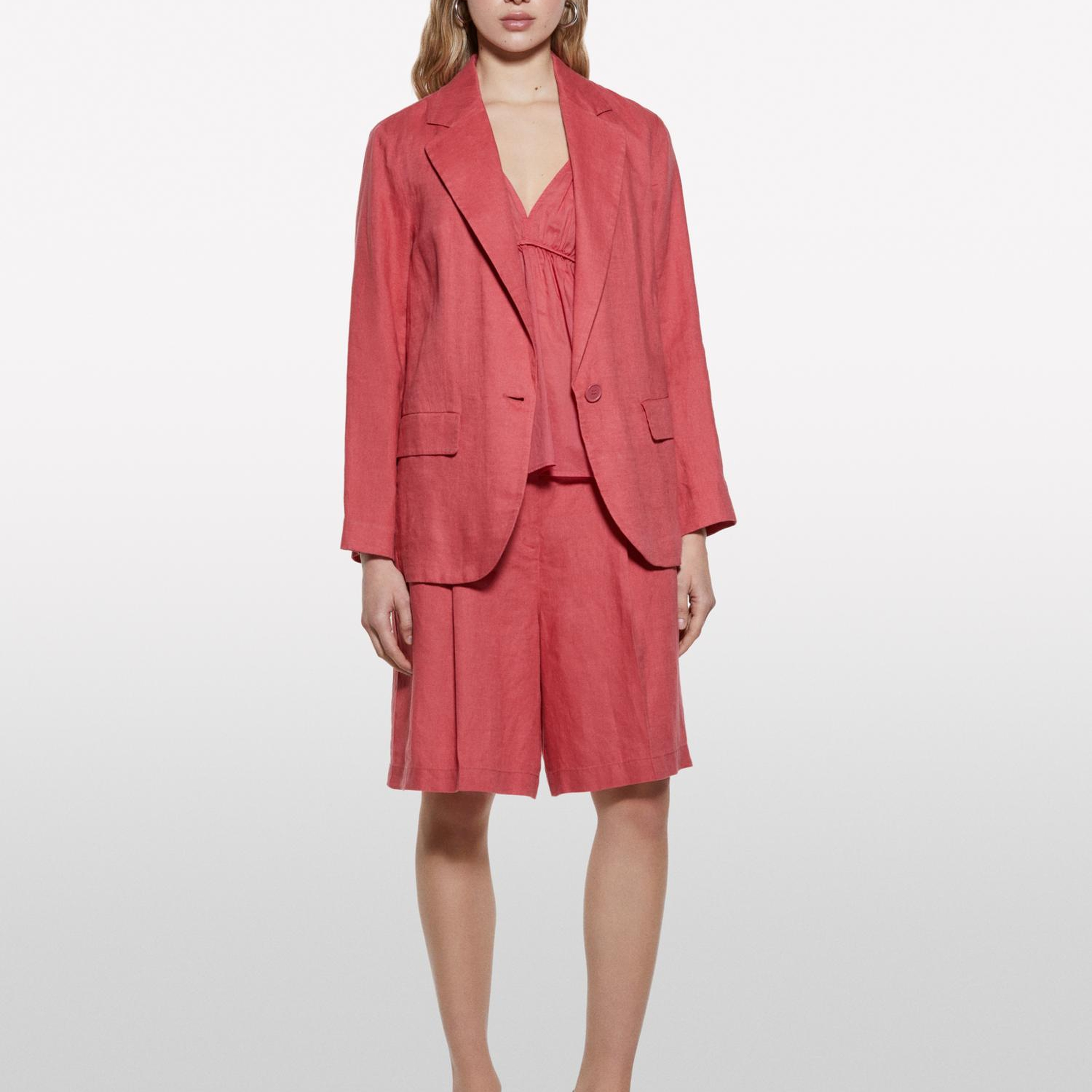 Kadın Koyu Pembe %100 Keten Tek Düğmeli Blazer Ceket