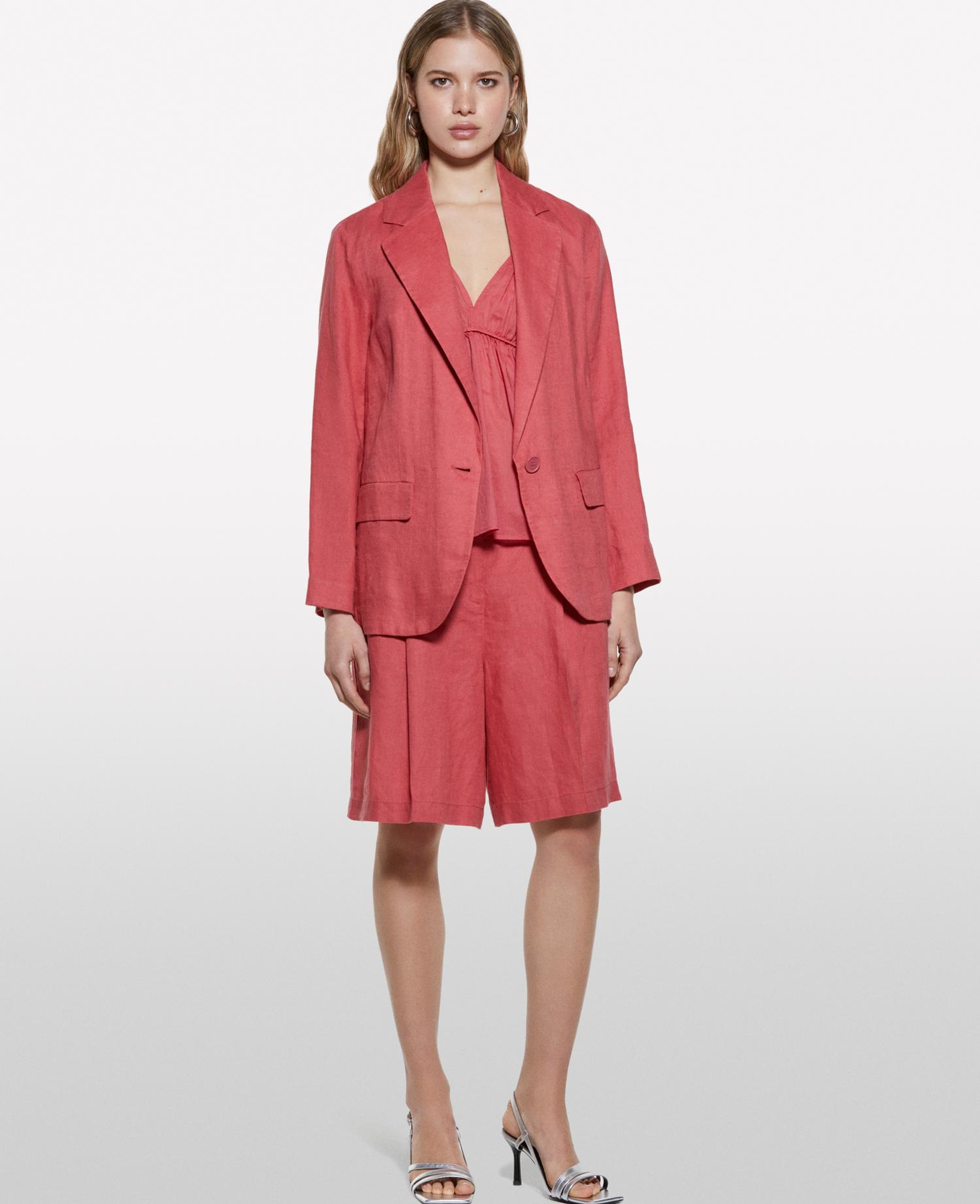 Kadın Koyu Pembe %100 Keten Tek Düğmeli Blazer Ceket