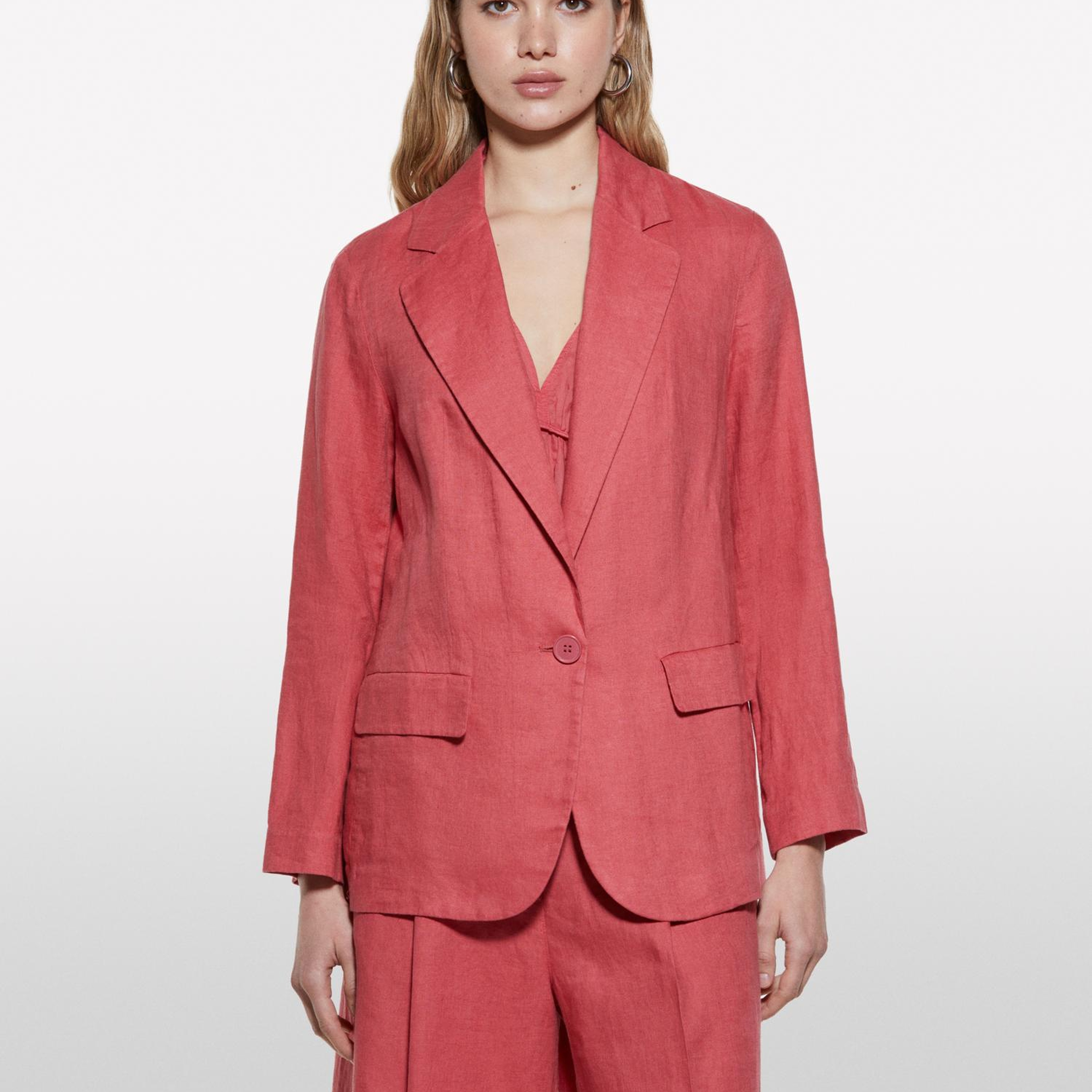 Kadın Koyu Pembe %100 Keten Tek Düğmeli Blazer Ceket