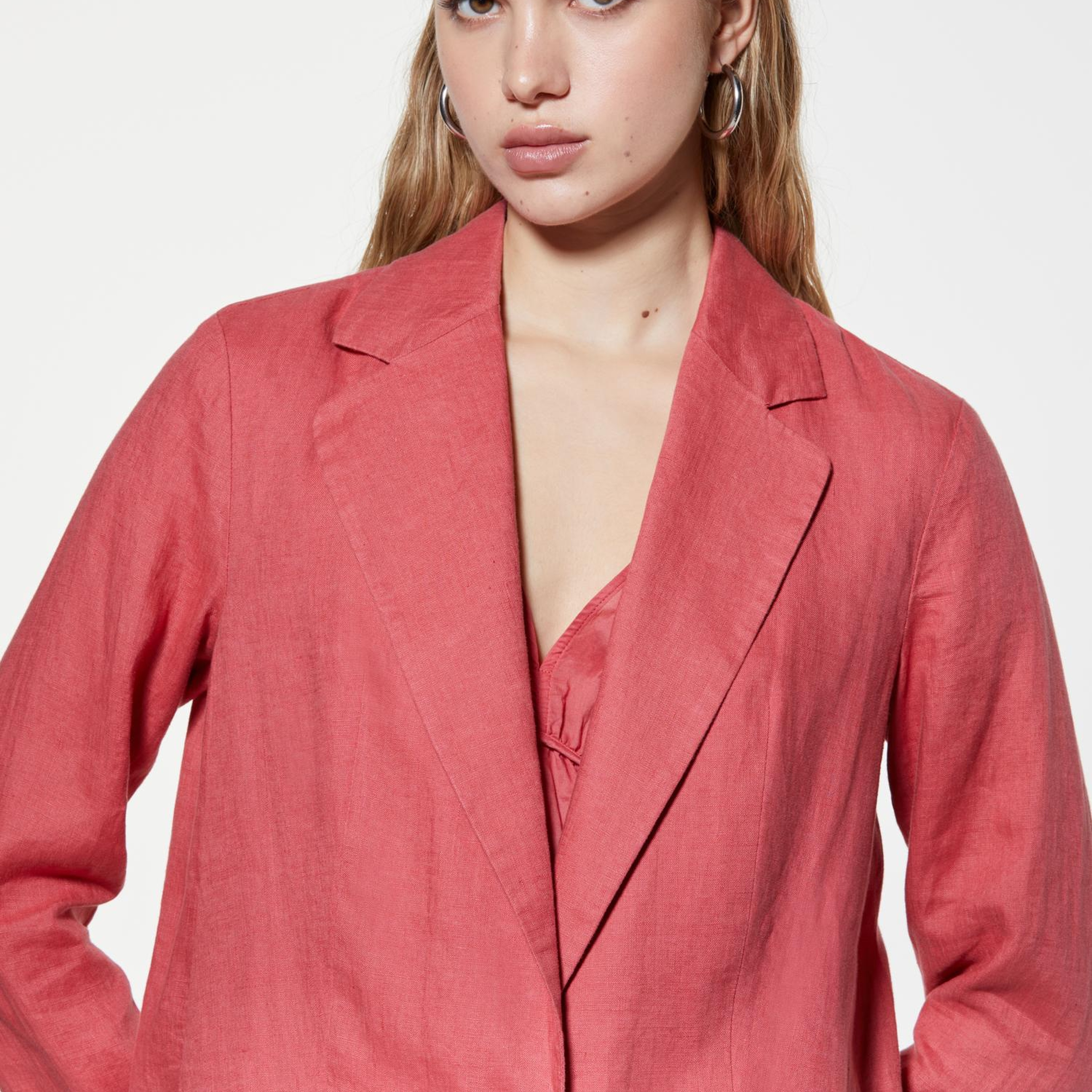 Kadın Koyu Pembe %100 Keten Tek Düğmeli Blazer Ceket