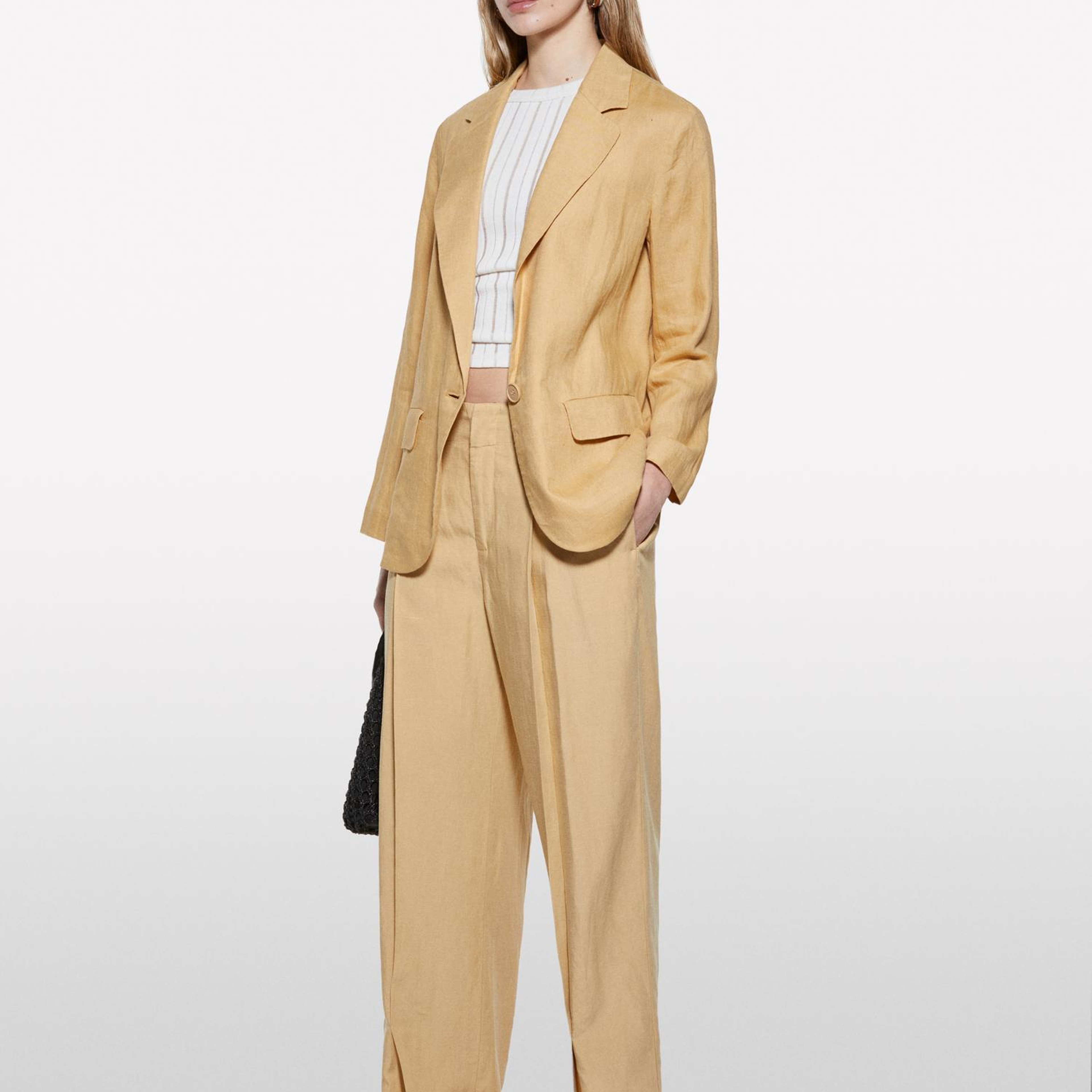 Kadın Kese Kağıdı %100 Keten Tek Düğmeli Blazer Ceket