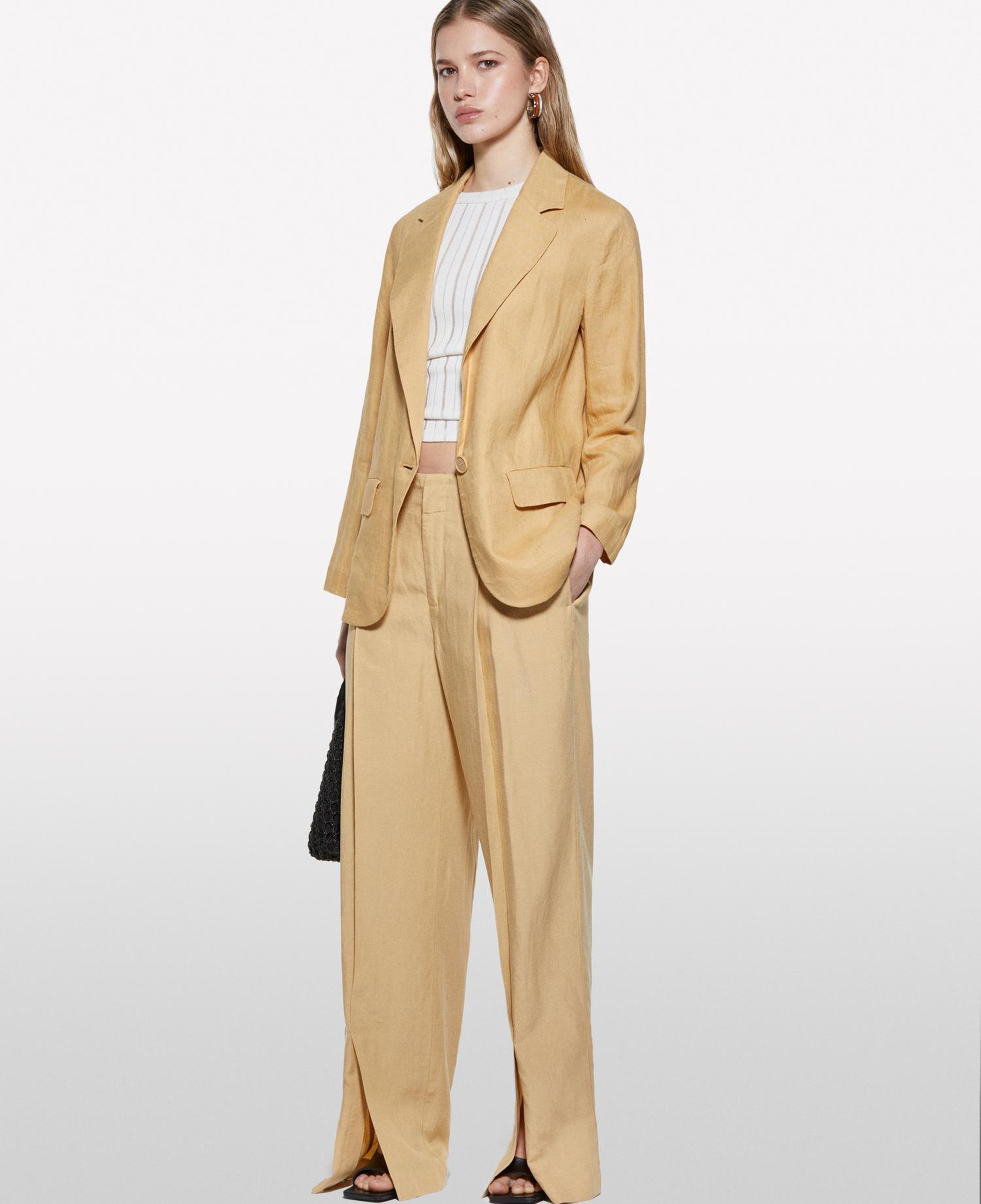 Kadın Kese Kağıdı %100 Keten Tek Düğmeli Blazer Ceket