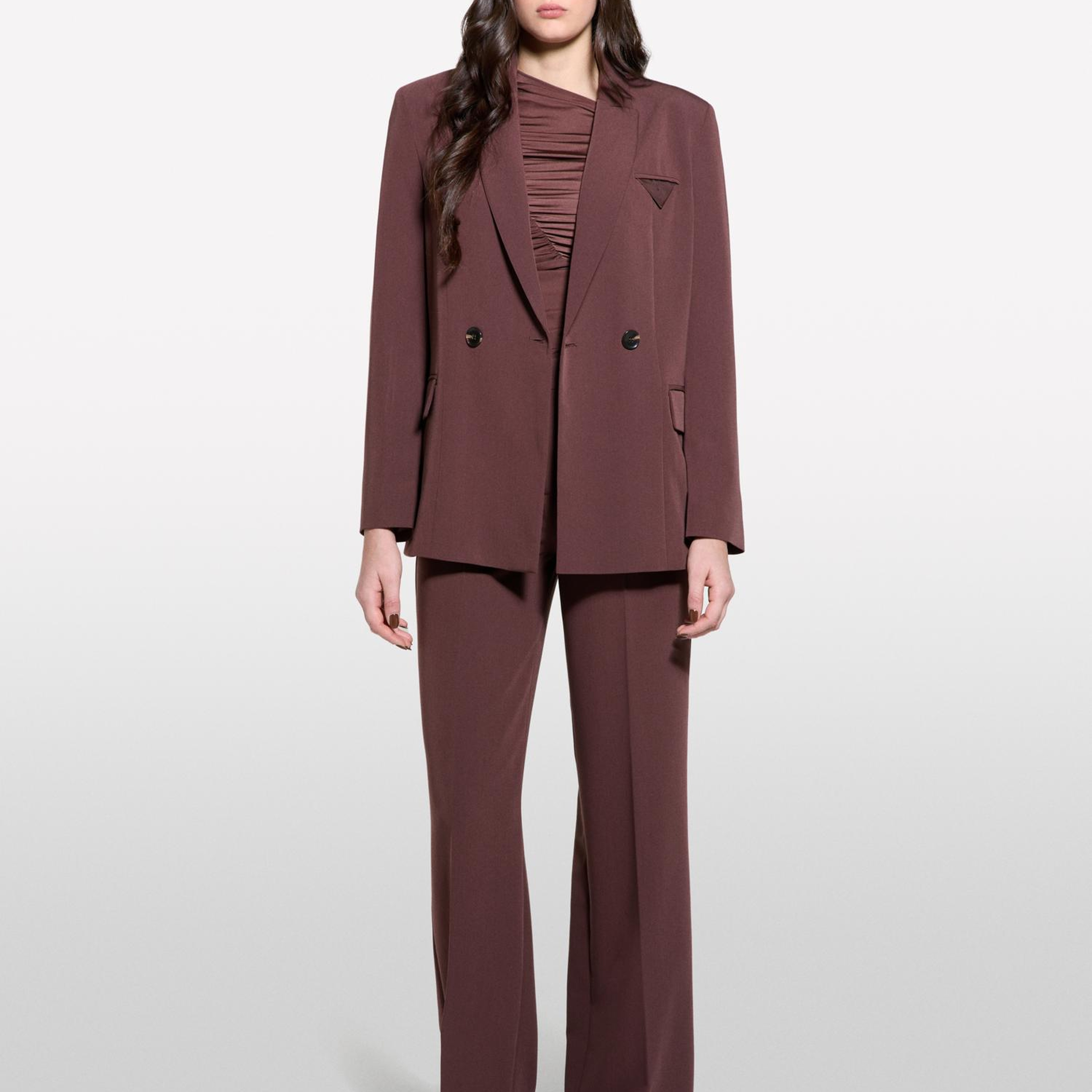 Kadın Koyu kahverengi Streç Viskozlu Düğme Detaylı Regular Fit Blazer Ceket