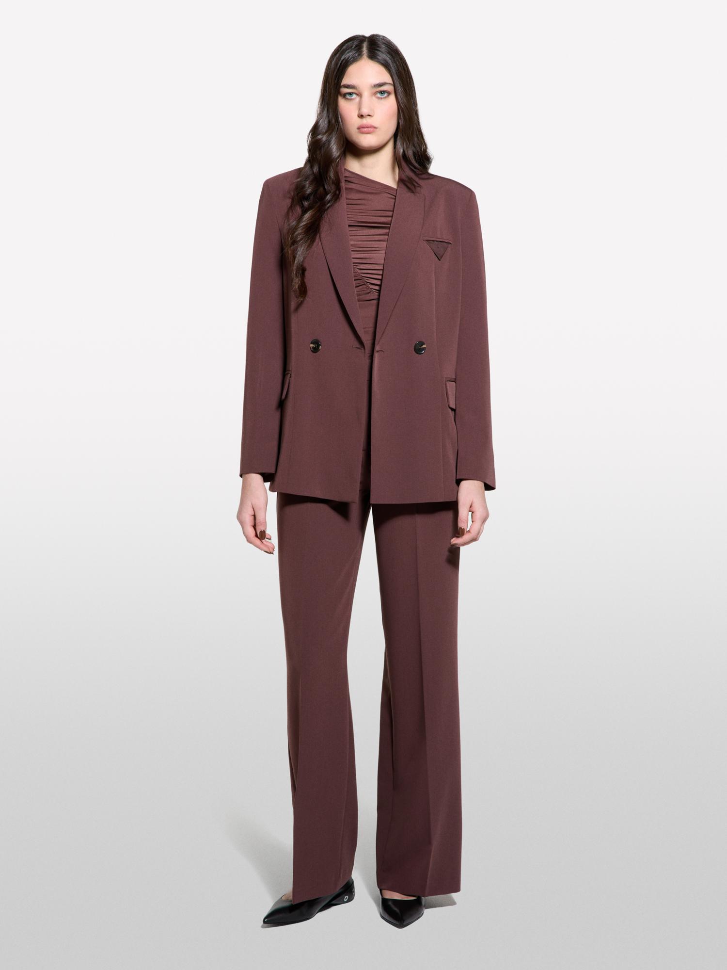 Kadın Koyu kahverengi Streç Viskozlu Düğme Detaylı Regular Fit Blazer Ceket