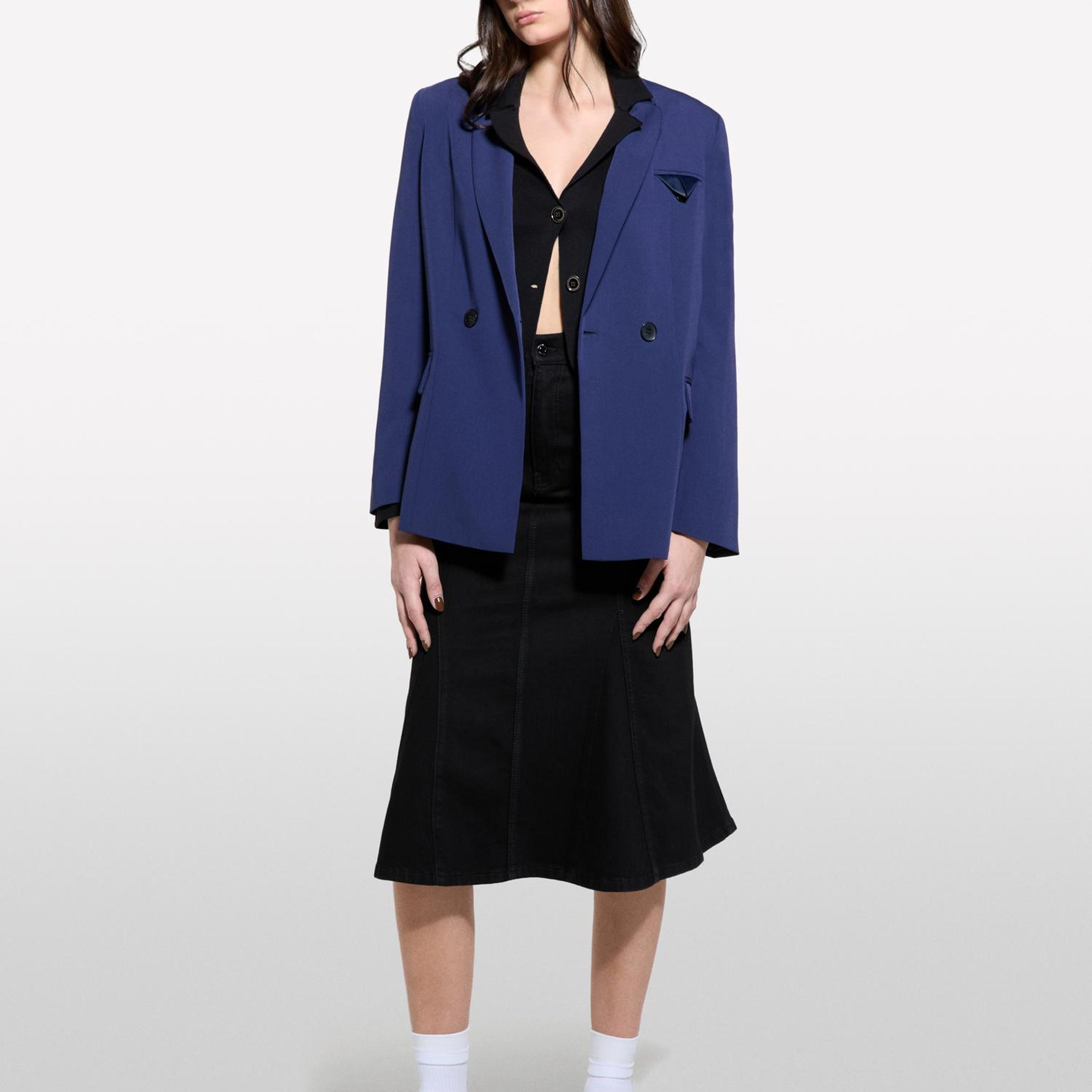 Kadın Lacivert Streç Viskozlu Düğme Detaylı Regular Fit Blazer Ceket