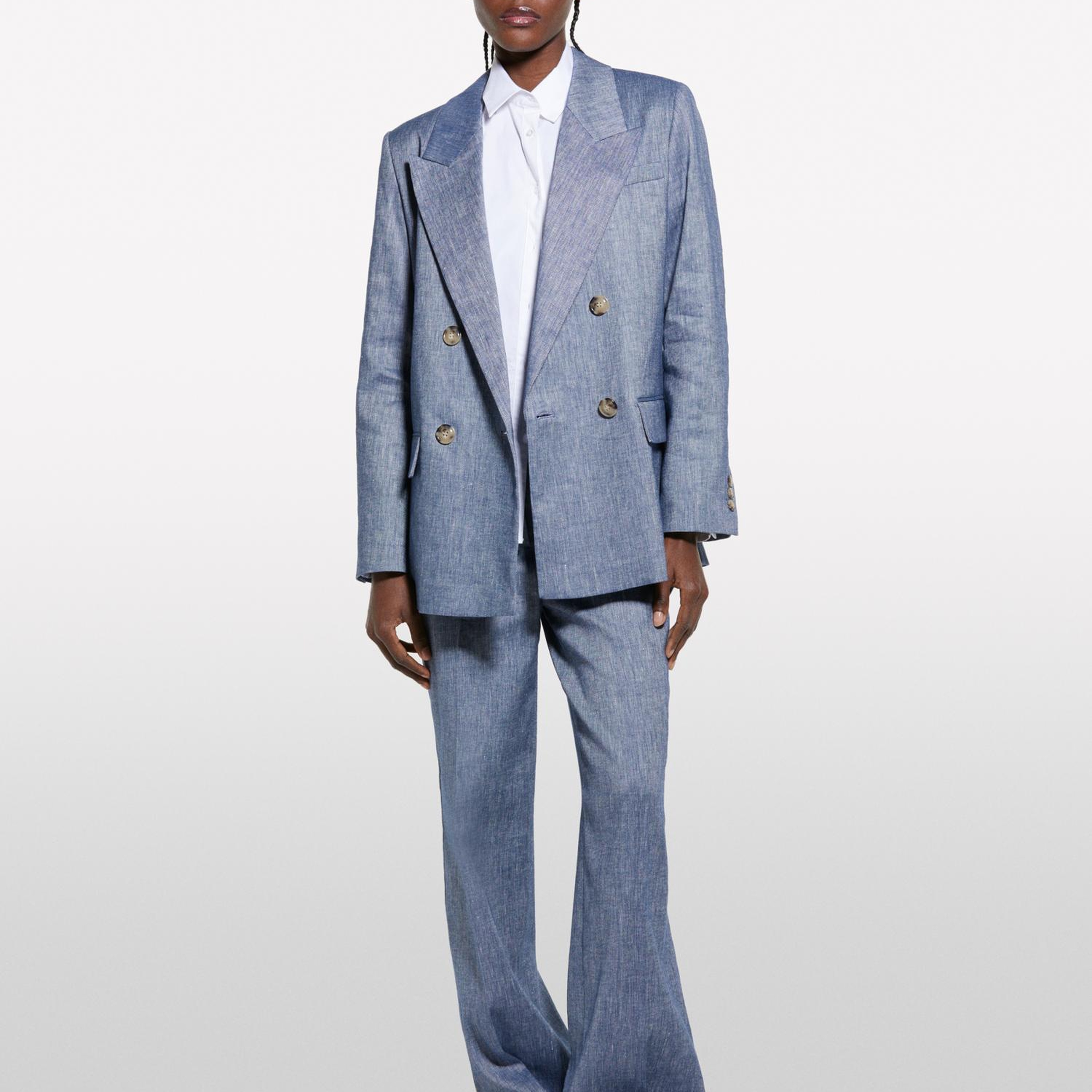 Kadın İndigo Keten Karışımlı Kruvaze Comfort Fit Blazer Ceket