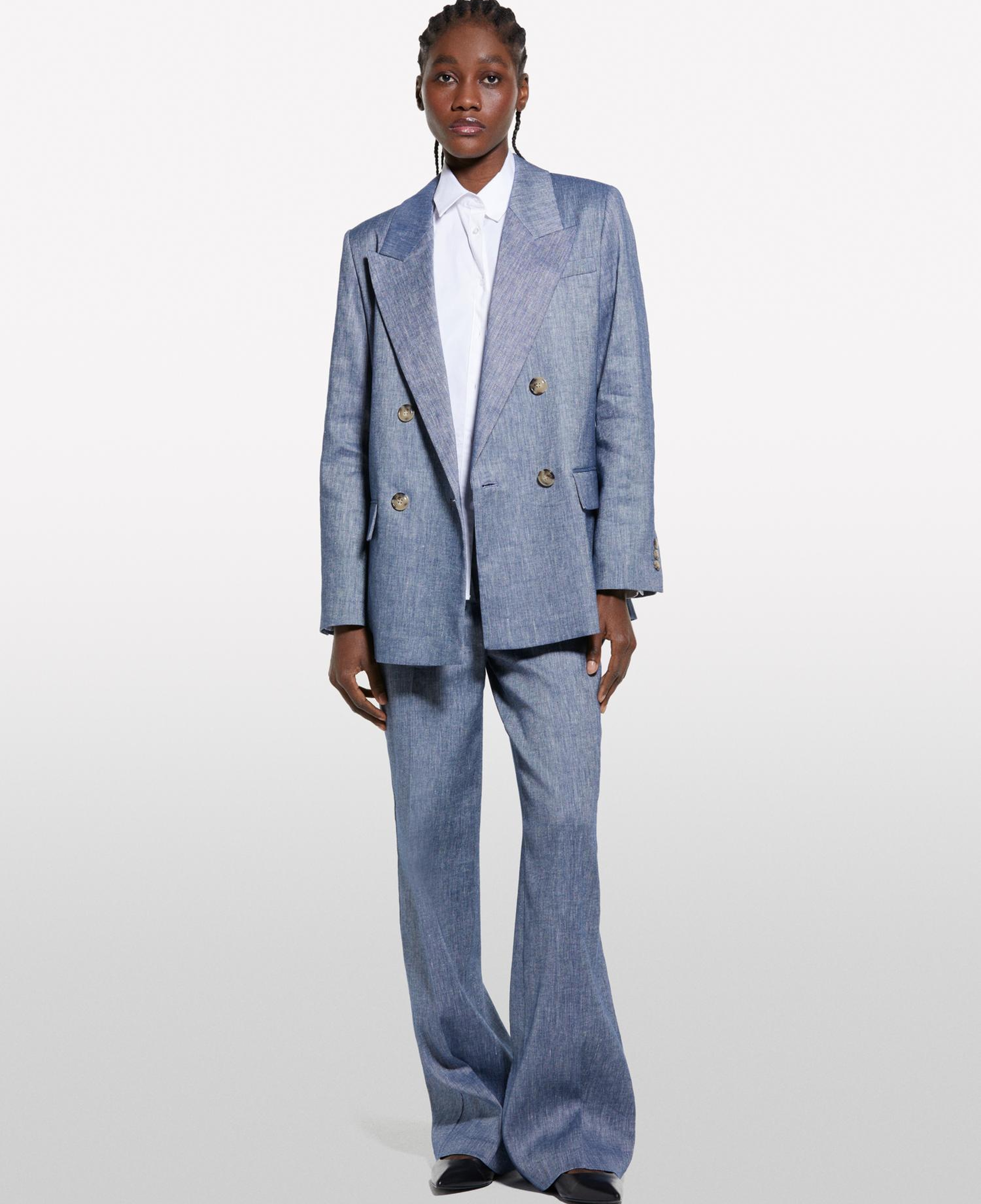 Kadın İndigo Keten Karışımlı Kruvaze Comfort Fit Blazer Ceket