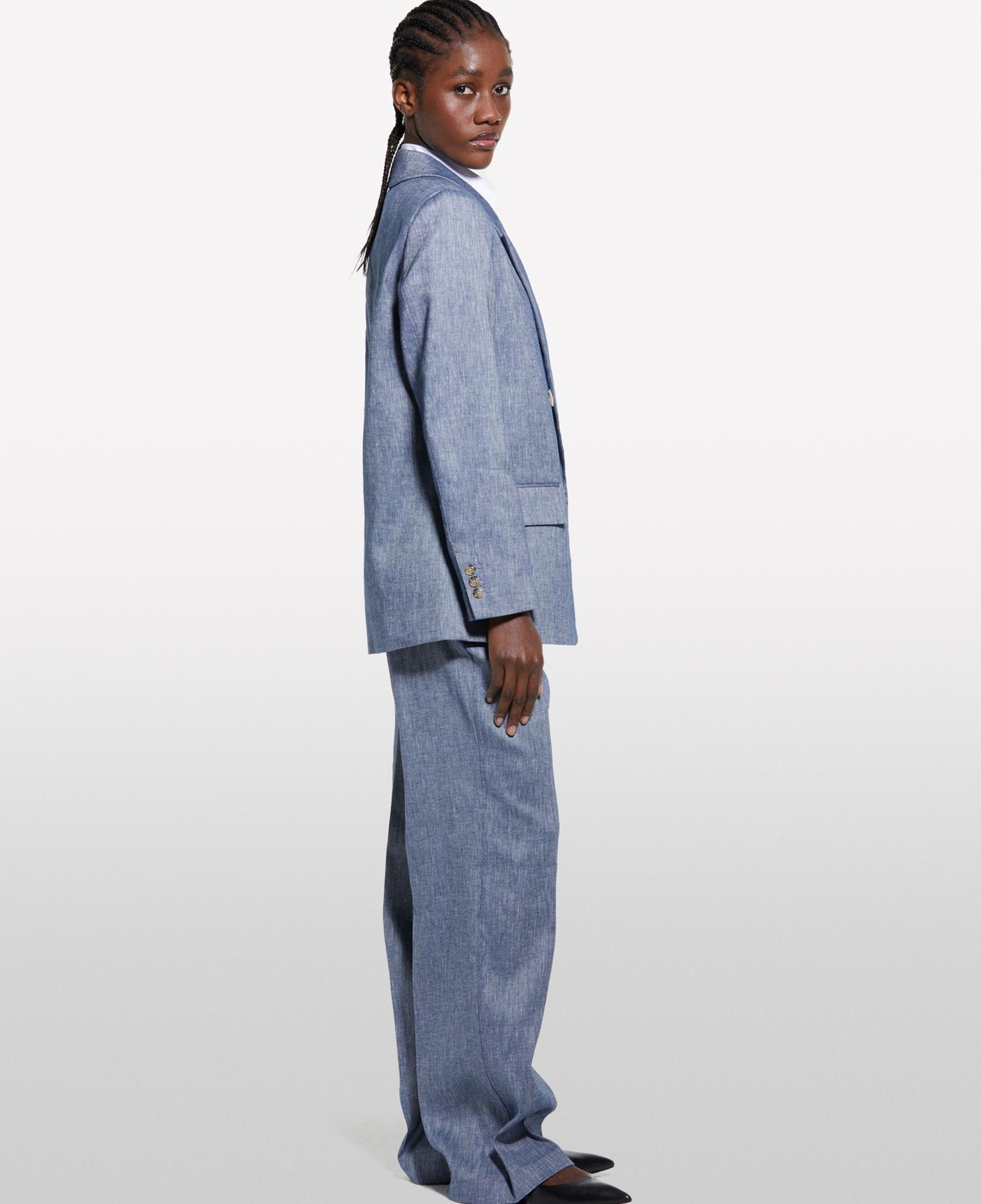 Kadın İndigo Keten Karışımlı Kruvaze Comfort Fit Blazer Ceket