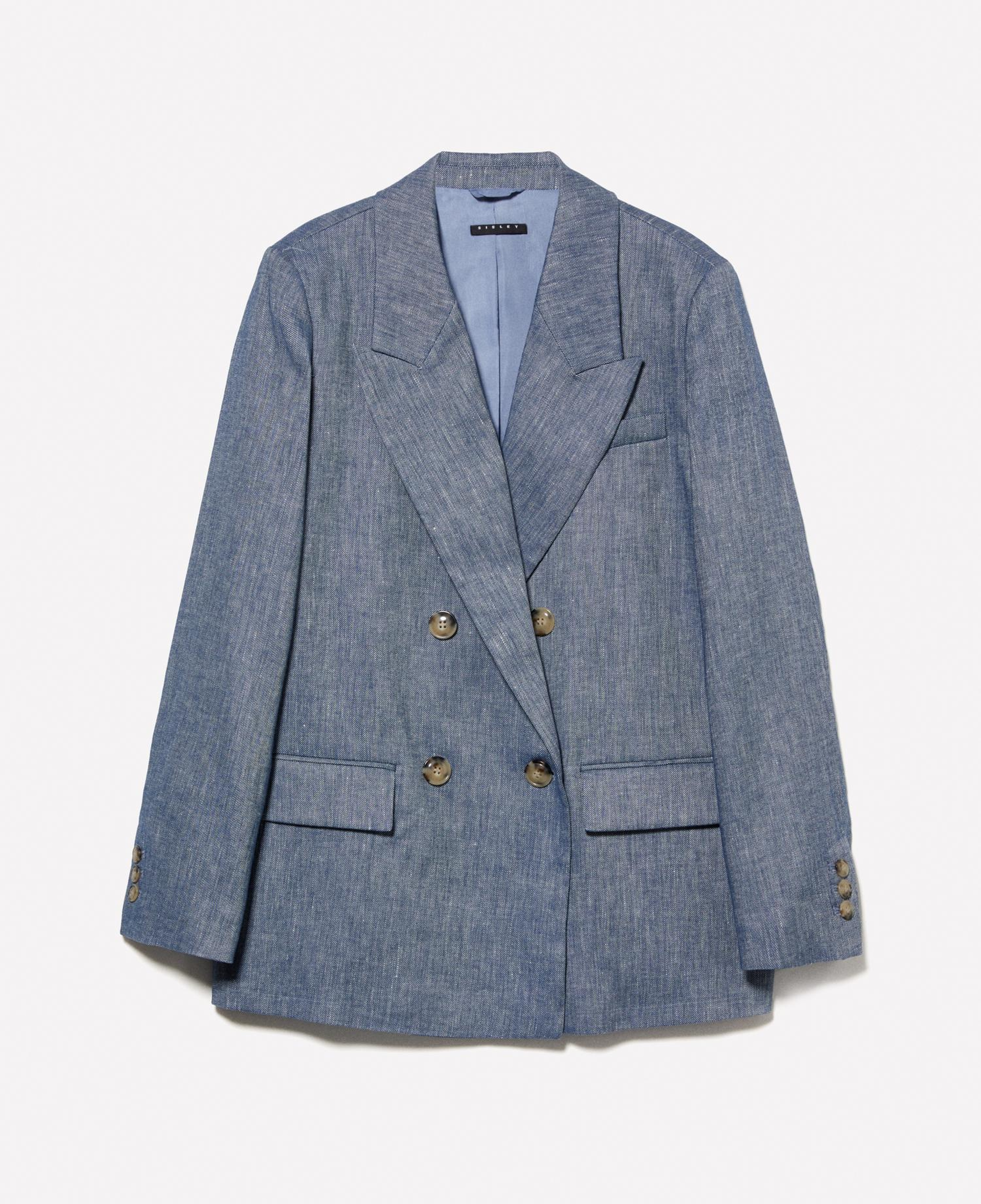 Kadın İndigo Keten Karışımlı Kruvaze Comfort Fit Blazer Ceket