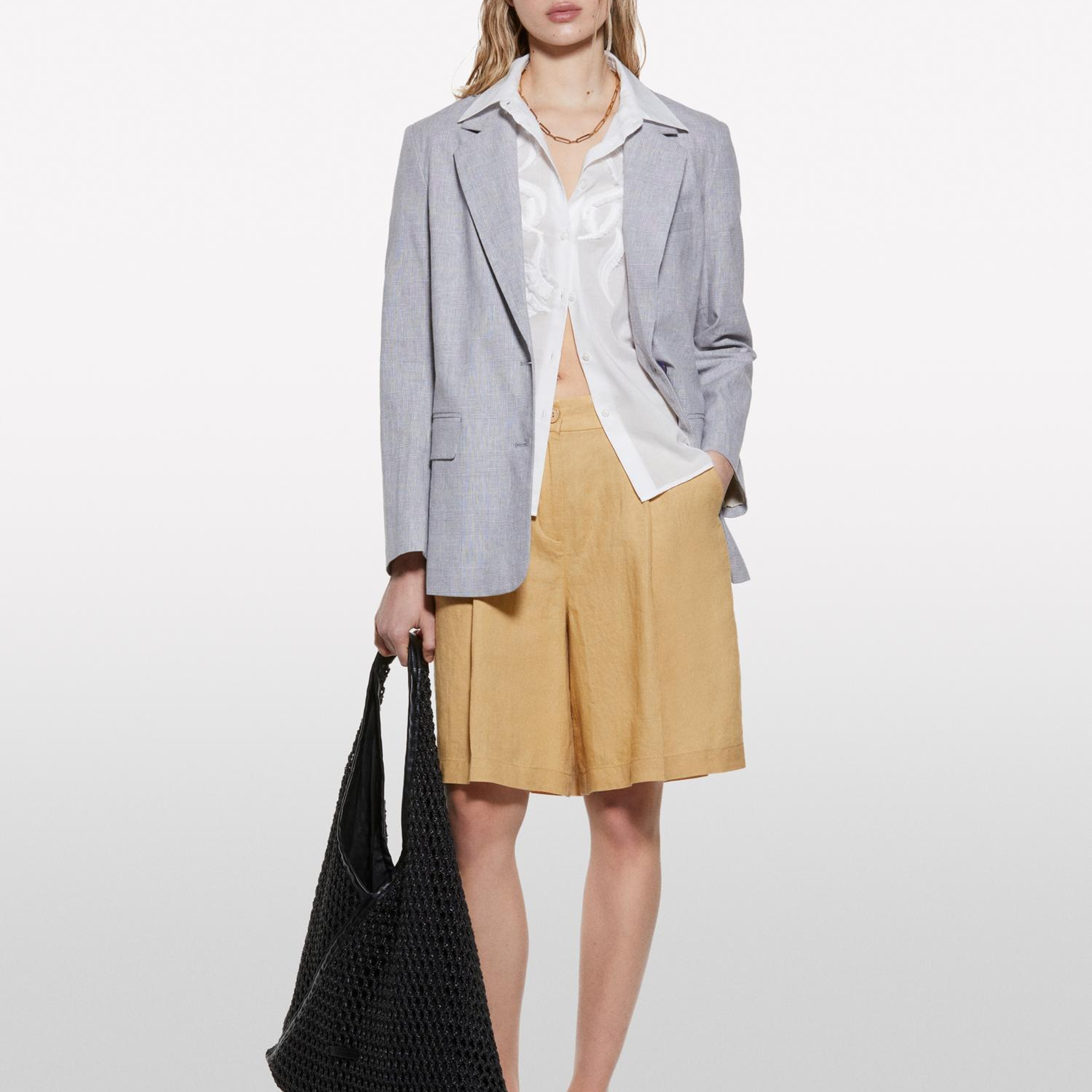 Kadın Gri Keten Karışımlı Düğmeli Blazer Ceket