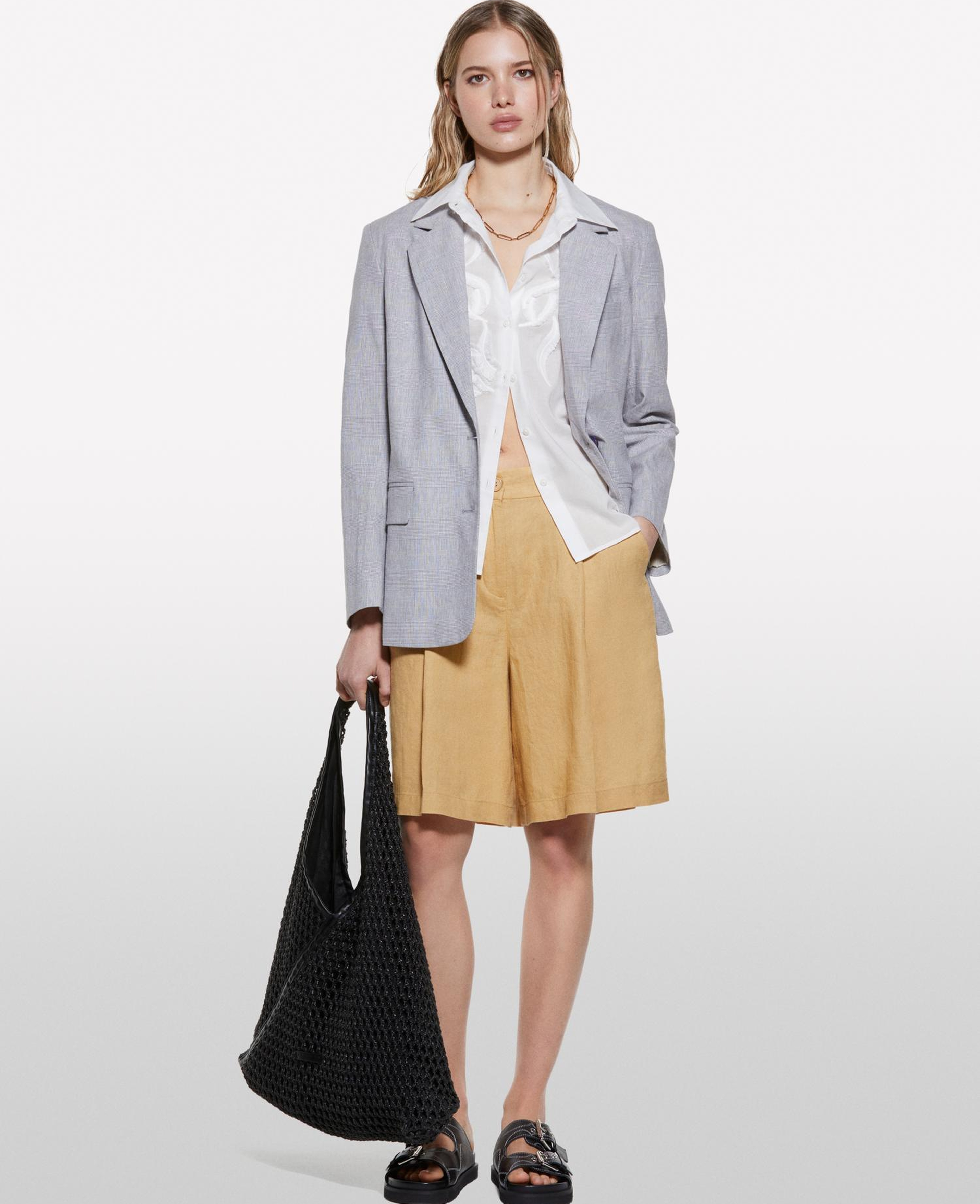 Kadın Gri Keten Karışımlı Düğmeli Blazer Ceket