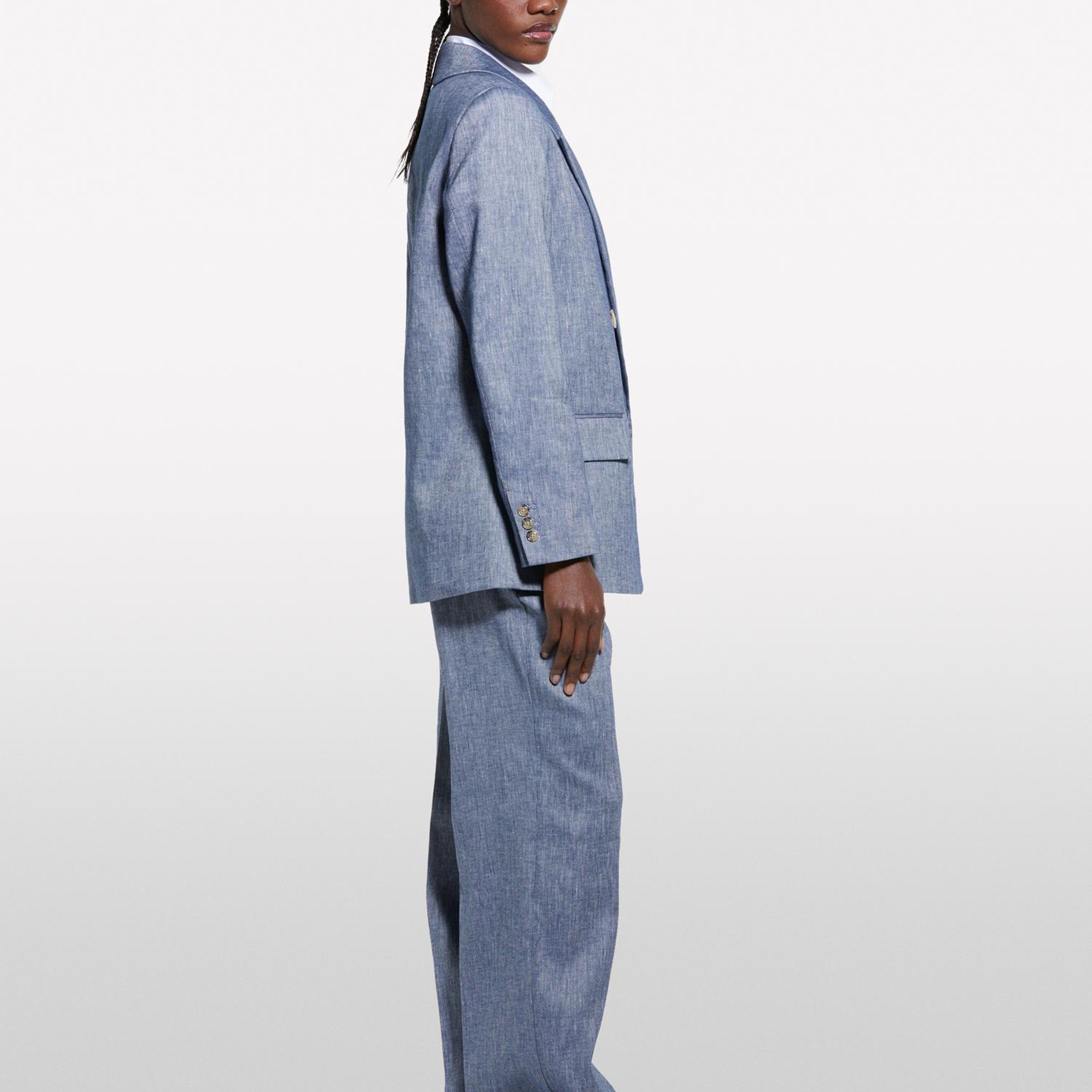 Kadın İndigo Keten Karışımlı Kruvaze Comfort Fit Blazer Ceket