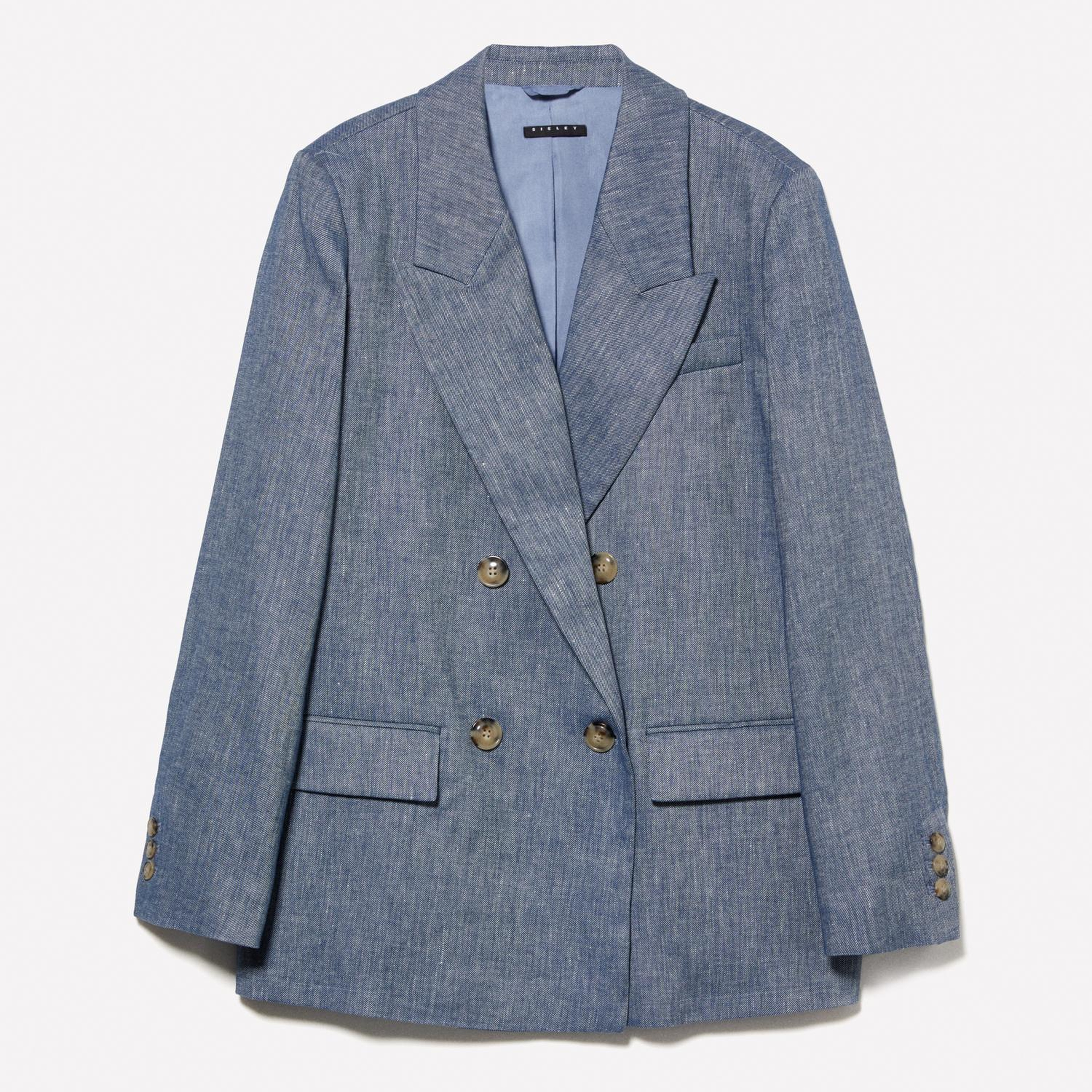 Kadın İndigo Keten Karışımlı Kruvaze Comfort Fit Blazer Ceket